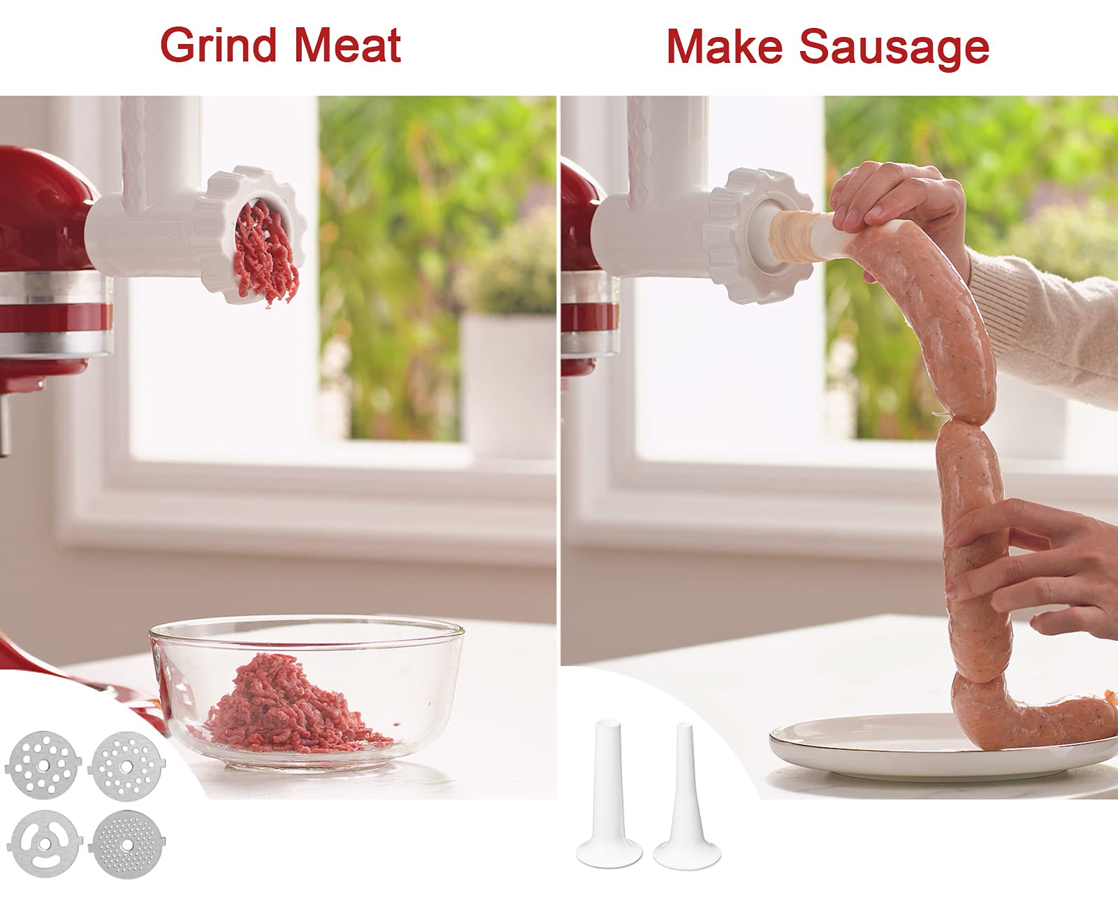 KitchenAid Stand Mixer Meat Grinder Attachment - Includes 2 Sausage Stuffer Tubes & 4 Grinding Plates - White Food Processor for Ground Beef, Sausage Making - Perfect for Home Kitchen, BBQ Prep & Meal Prepping
