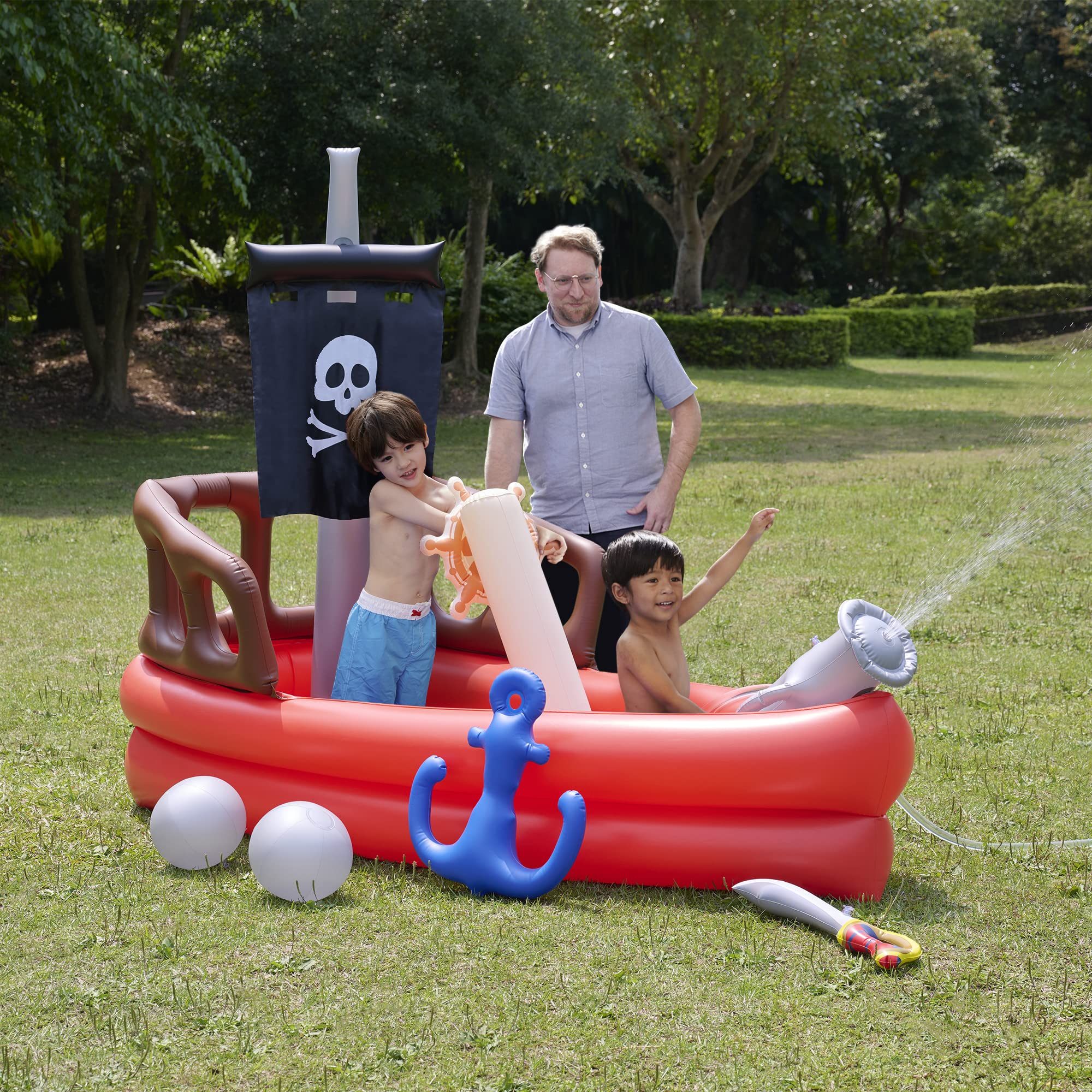 Teamson Kids Inflatable Pirate Ship Water Play Pool with Air Pump, Beach Balls & Accessories - Outdoor Sprinkler Splash Pad for Backyard, Beach & Summer Fun - Red