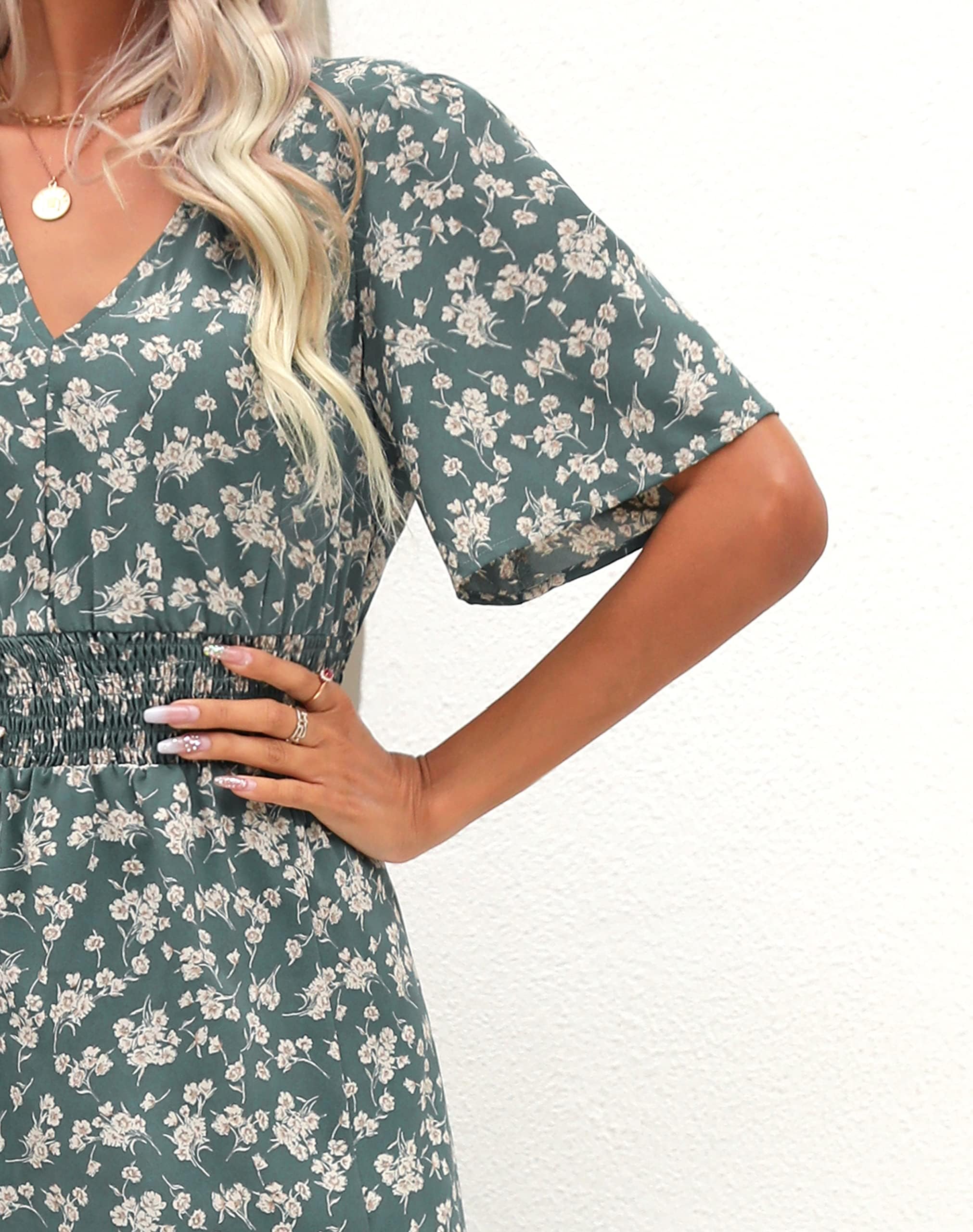 Kranda Women's Floral Boho Maxi Dress - V Neck, High Waist, Short Sleeve, Flowy Swing with Slit for Summer & Spring | Beach Vacation, Casual Outing, Date Night, Festival Wear