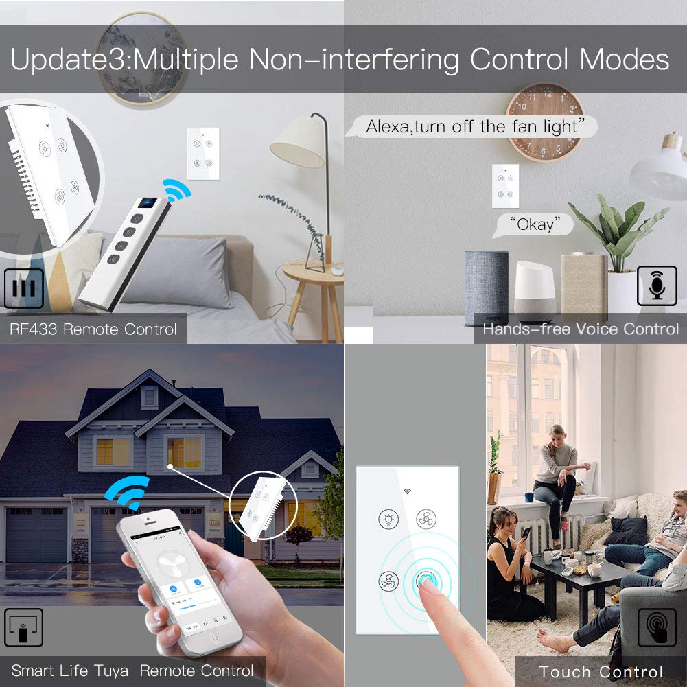 MoesGo WiFi RF Smart Ceiling Fan Light Switch - Compatible with Smart Life/Tuya App, Alexa & Google Home - Remote Speed Control - White - Perfect for Smart Home Automation & Bedroom/Living Room Lighting Control