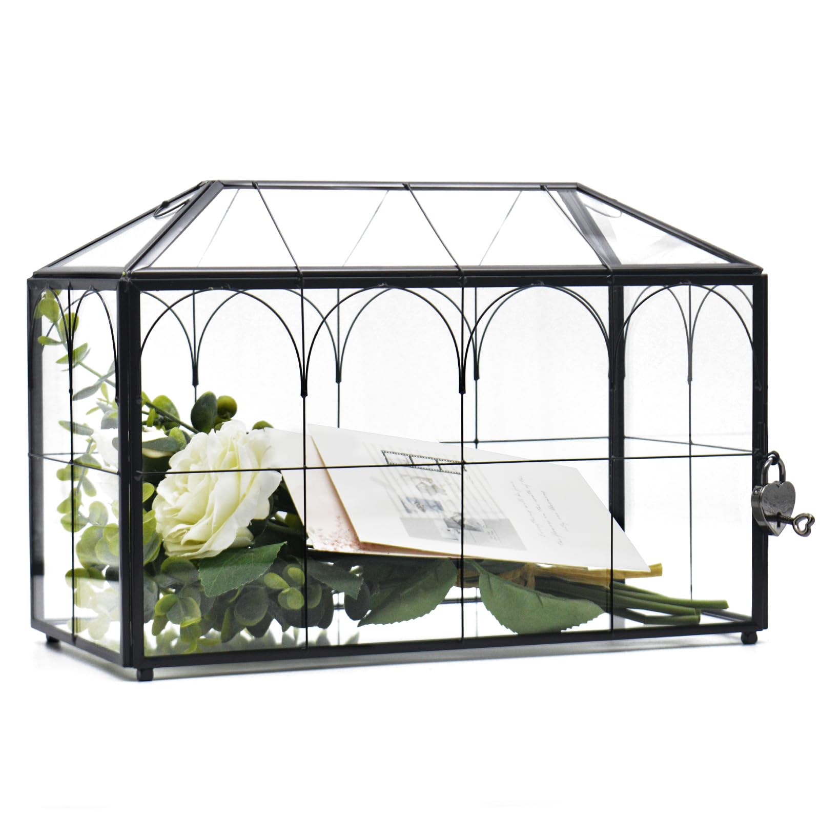 Large Black and Glass Wedding Card Box with Lock & Key - Vintage Geometric Handmade Envelope Holder for Wedding Reception, Bridal Shower & Anniversary Gifts - Perfect for Cash, Cards & Gift Collection at Events