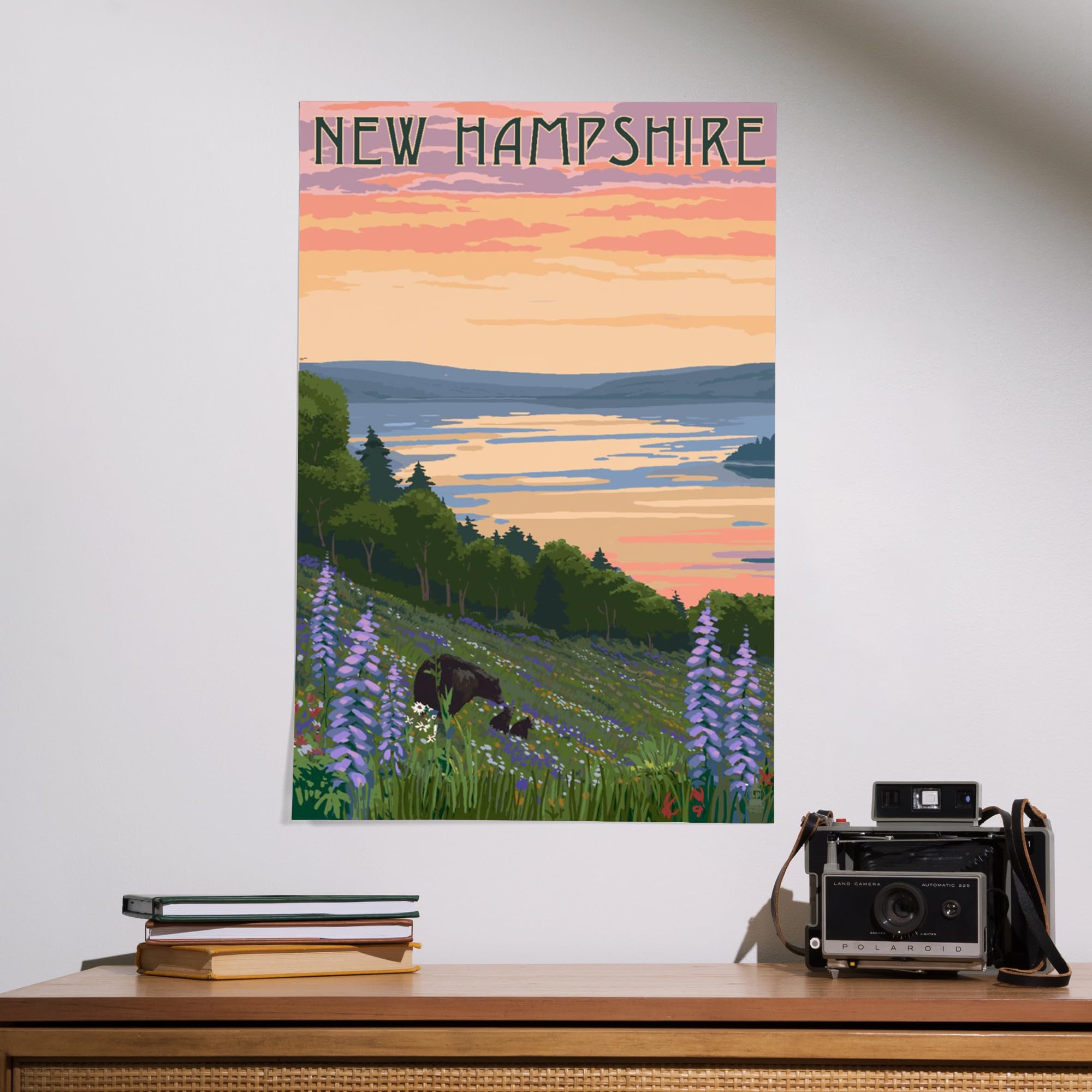 Lantern Press 16x24 Inch Giclee Art Print - New Hampshire Lake Landscape with Bear Family - Wall Decor for Living Room, Bedroom & Office