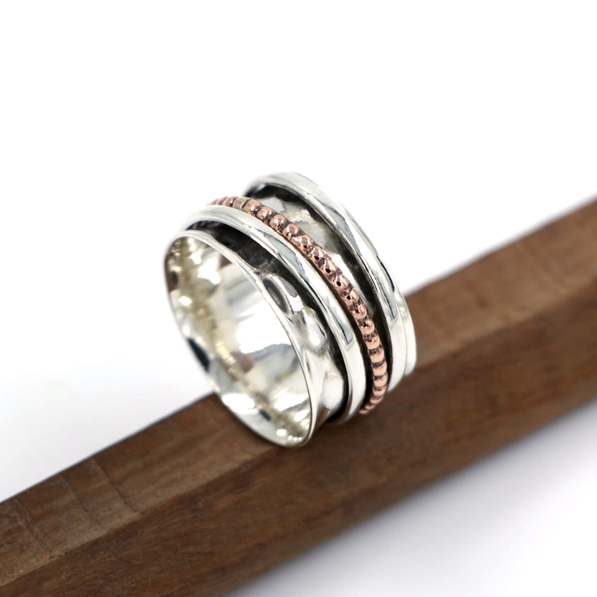 925 Silver Spinner Ring - Three Tone Handmade Meditation & Fidget Ring for Stress Relief - Hammered Textured Thumb Ring for Women & Men - Wide Band Jewelry Gift for Birthday, Anniversary & Everyday Wear (Size 9.25)