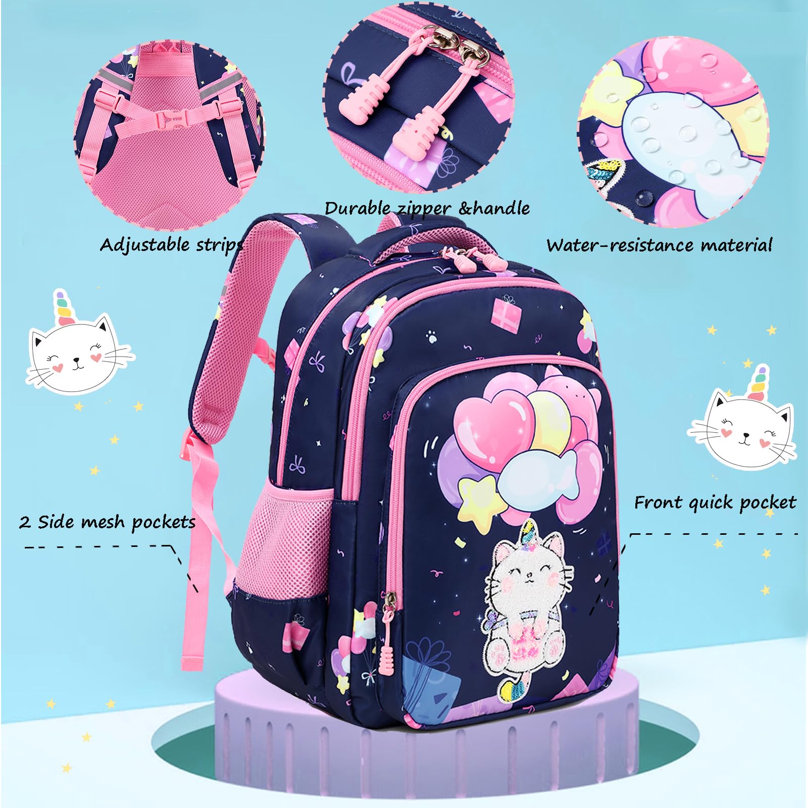 Unicorn Cat Print Backpack for Girls - Lightweight Water Resistant School Backpack with Lunch Box | Cute Elementary Bookbag for Kids, Travel & Daily Use