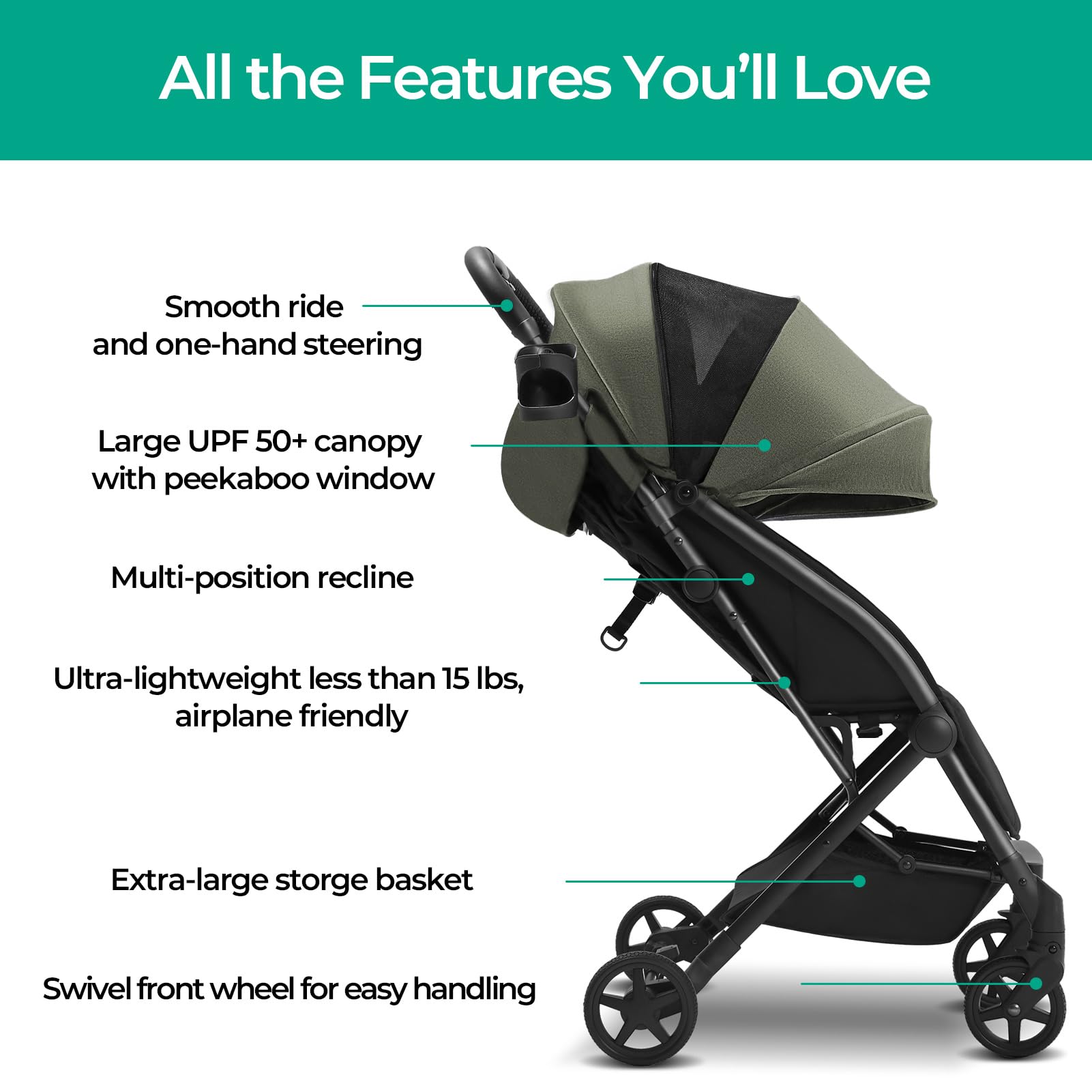 **Mompush Lithe Lightweight Compact Travel Stroller - One-Hand Fold, Airplane-Friendly, Reclining Seat & XL Canopy - Includes Rain Cover, Carry Bag & Cup Holder - Perfect for Air Travel, City Walks & Family Outings**