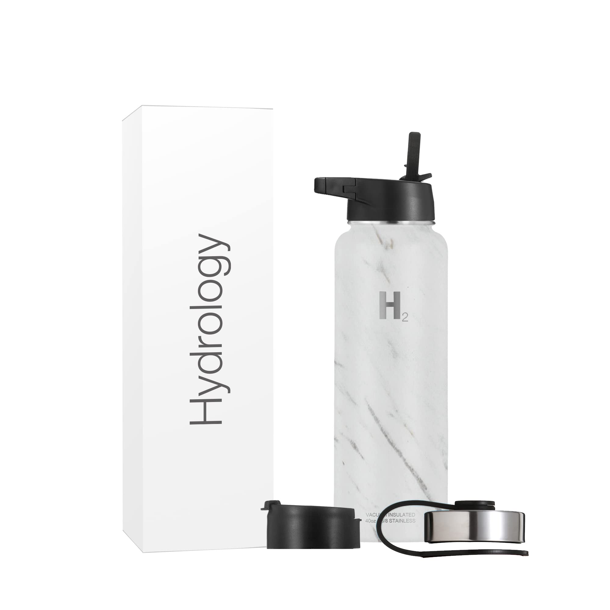 H2 Hydrology 40oz Stainless Steel Insulated Water Bottle - Double Wall Vacuum Insulation, Leakproof with 3 Lids & Straw - Perfect for Gym, Hiking, Travel & Outdoor Activities (Marble Design)