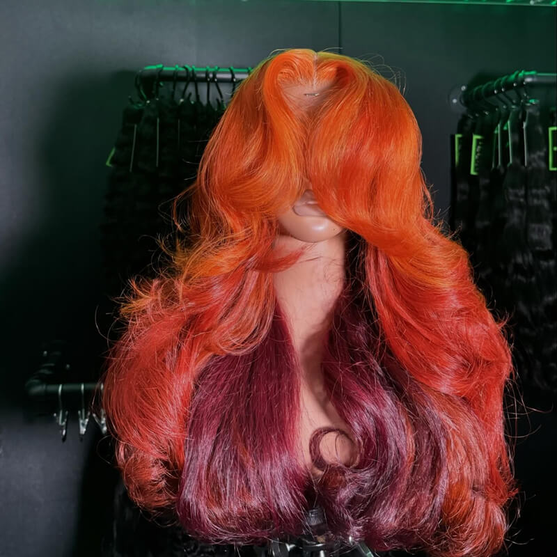 Eullair Ombre Orange Copper Brown Body Wave Human Hair Wig with Transparent Lace Frontal - Natural Looking Wigs for Women (EW007) | Perfect for Daily Wear, Cosplay, and Special Occasions
