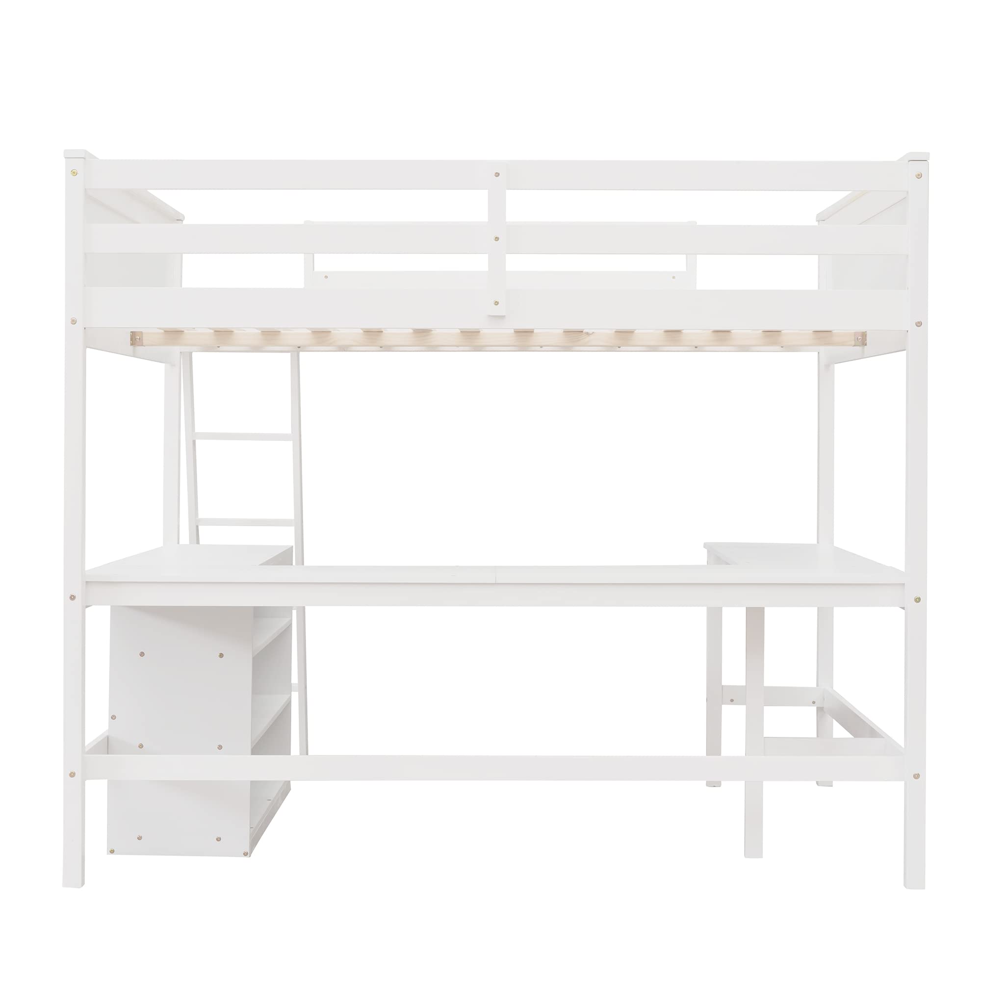SOFTSEA Full Size Loft Bed with L-Shaped Desk & Cabinet - Kids Study Bed Frame for Small Spaces - White Wooden High Loft Bed for Teens & College Dorm Rooms (Perfect for Homework, Gaming & Sleepovers)
