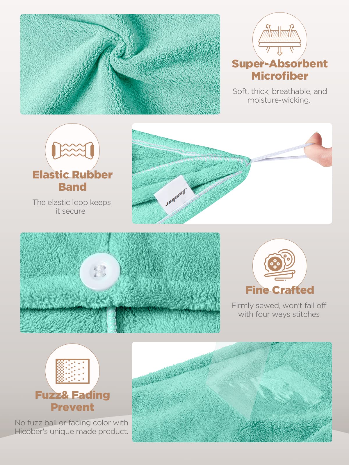 Hicober 3-Pack Microfiber Hair Towel for Women - Soft Hair Turban Wrap for Wet & Curly Hair, Quick Dry Anti-Frizz Hair Towels (Pink, Purple, Green) - Perfect for Post-Shower, Salon & Travel Use