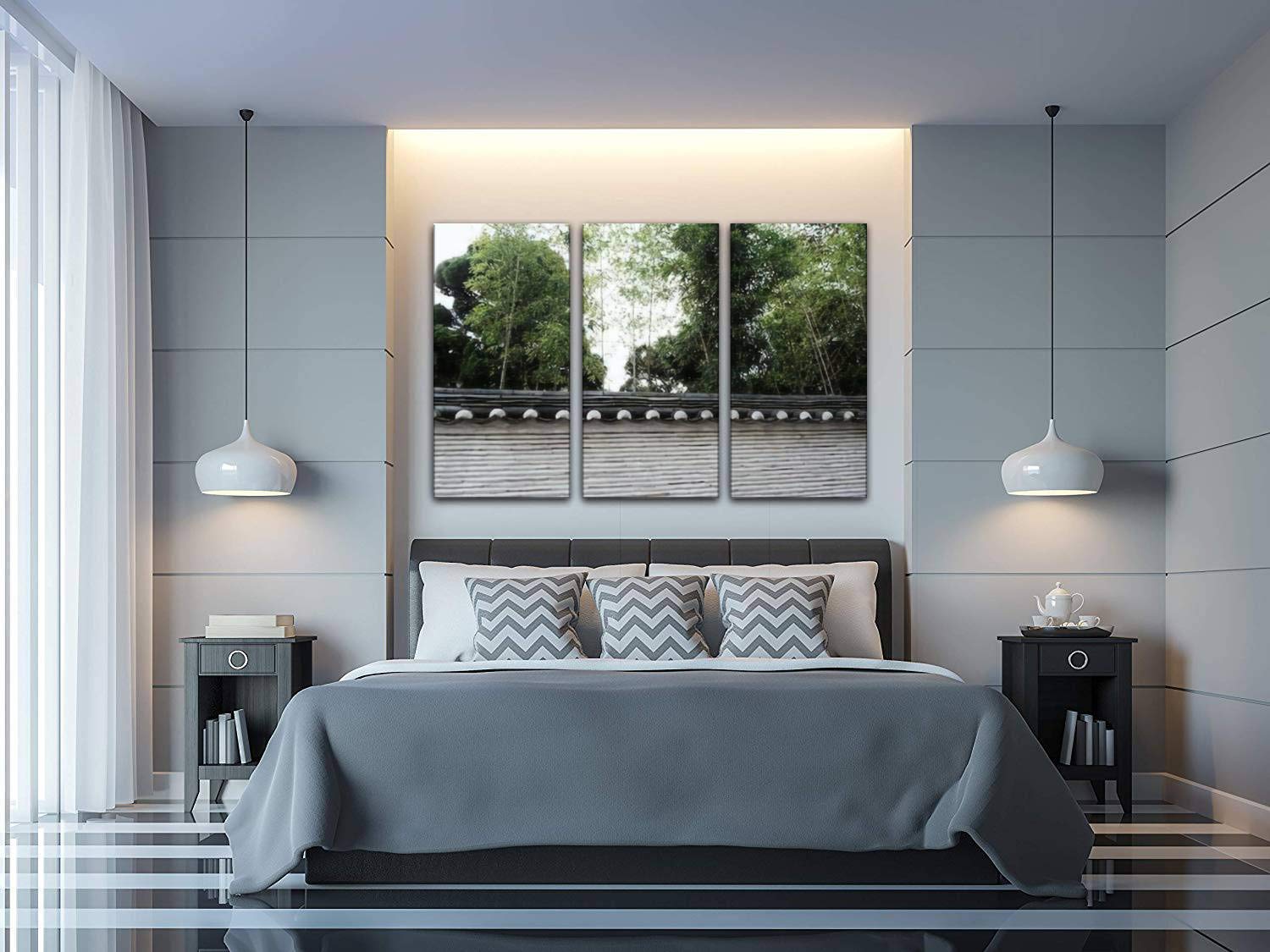 Traditional Gray Stone Wall with Bamboo Trees Seoul Korea - Canvas Wall Art for Modern Office & Home Decor - 3 Panel Painting for Living Room & Bedroom - Perfect for Asian-Inspired Interior Design & Zen Spaces
