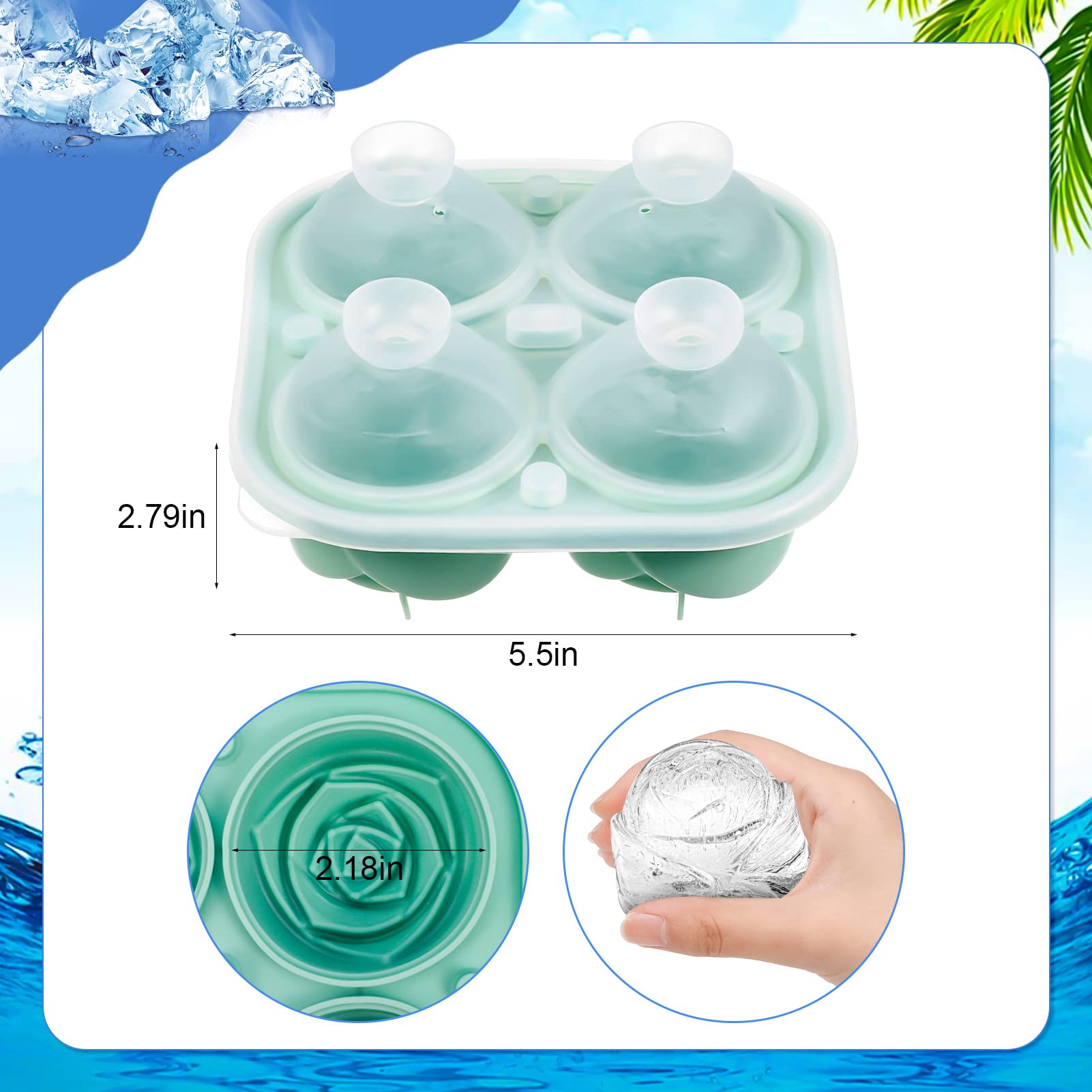 BOWINR 3D Rose Ice Cube Tray - 2.5 Inch Silicone Ice Ball Molds for Whiskey & Cocktails | Easy Release Freezer Safe Ice Maker | Perfect for Summer Parties, Homemade Chilled Drinks & Entertaining | Dishwasher Safe