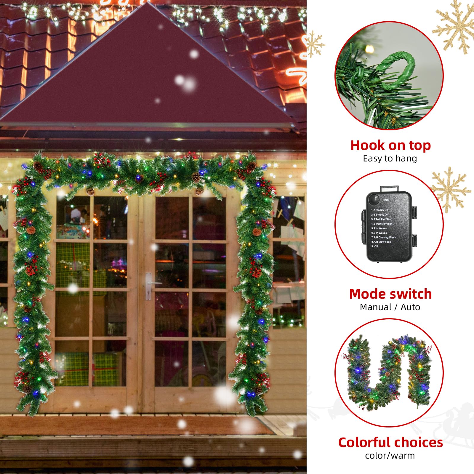 9FT Battery Powered Christmas Garland with 50 LED Lights - 8 Lighting Modes, Red Berry & Pine Cone Decor for Stairs, Front Door, Mantel, and Holiday Home Decoration