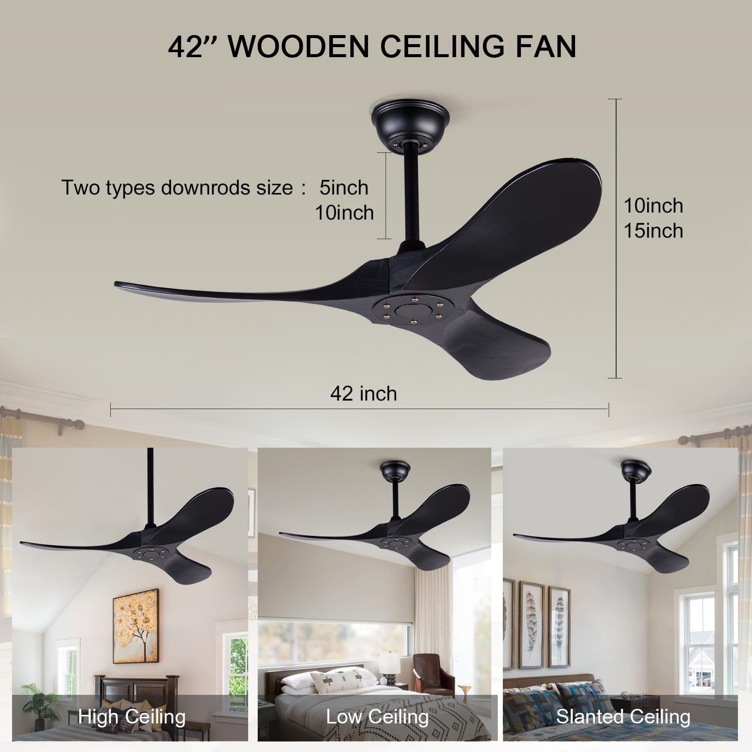 BOJUE 42 Inch Black Ceiling Fan with Remote Control - 3 Solid Wood Blades, No Light, Indoor/Outdoor Use for Patio, Bedroom, Kitchen & Living Room - Quiet & Energy Efficient Cooling Solution