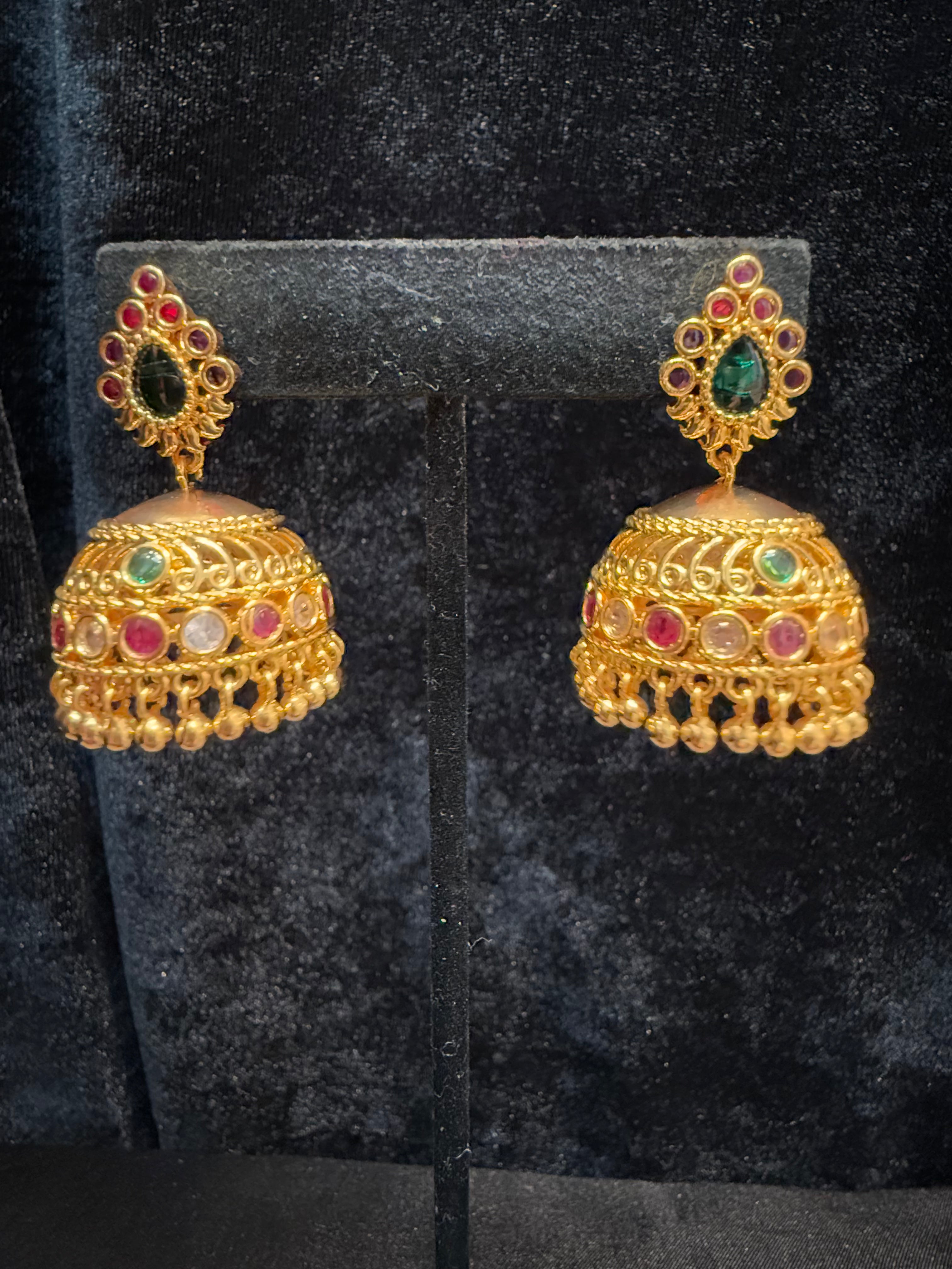 Exquisite Gold Plated Designer Jhumka Earrings with Multicolor Stones & Golden Beads – Perfect for Weddings, Parties & Ethnic Fashion