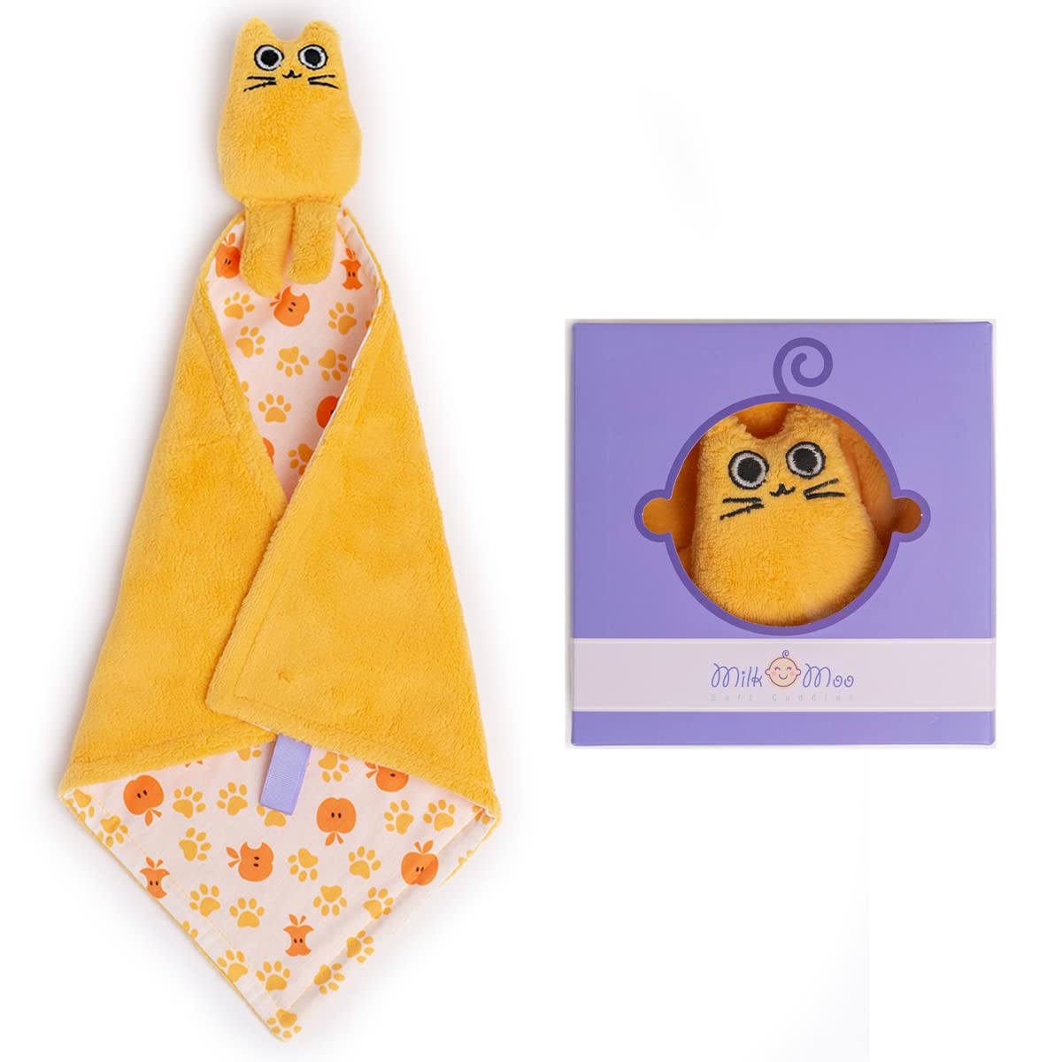 Milk&Moo Tombish Cat Baby Security Blanket - Ultra Soft Lovey Blanket for Newborns & Toddlers | Cuddly Teething Toy & Soother with Animal Design | Perfect for Nursery, Stroller & Bedtime Comfort