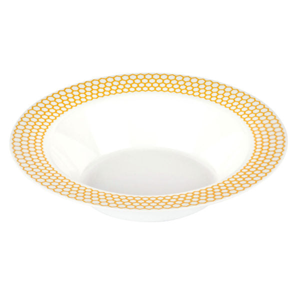 10 Pack White & Gold Round Plastic Soup Bowls with Honeycomb Design - Durable Melamine Bowls for Soup, Salad, Cereal - Perfect for Restaurants, Picnics & Family Dinners