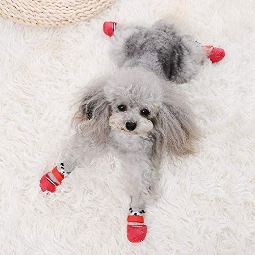 **URBEST Non-Slip Dog Socks 4Pcs - Adjustable Pet Shoes for Small Dogs & Cats, Puppy Paw Protectors (Size L, Red) - Perfect for Indoor Use, Winter Warmth & Hardwood Floor Traction**
