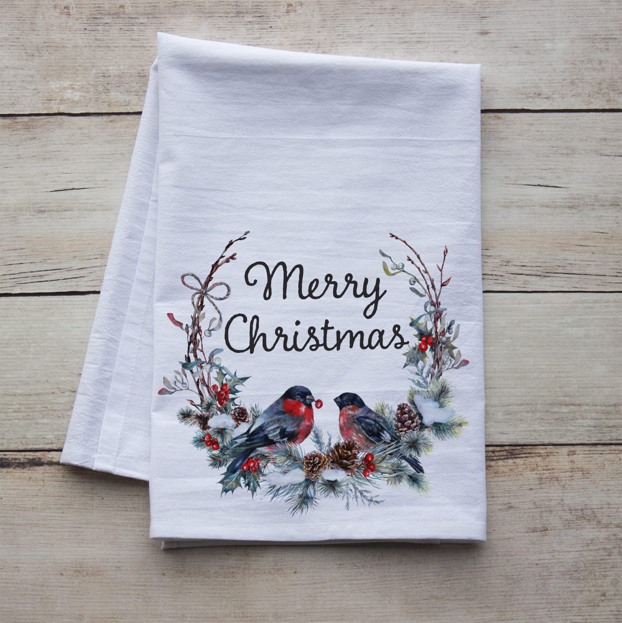 Christmas Flour Sack Dish Towels - Holiday Tea Towels for Xmas Kitchen Decor (Merry Christmas Bullfinch Wreath) | Absorbent Cotton Kitchen Towels for Baking, Cooking & Holiday Decorations