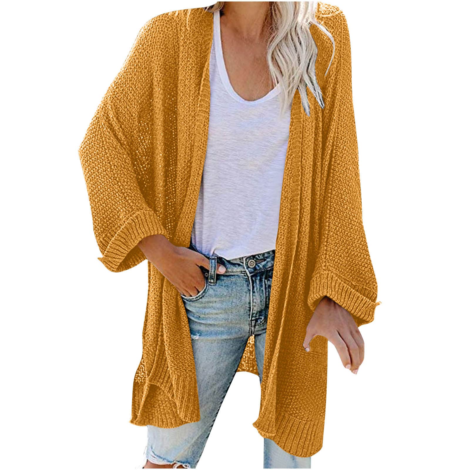 Women's Solid Color Knitted Kimono Cardigan Sweater - Loose Flowy Long Sleeve Open Front Blouse Top for Autumn Winter | Casual Wear, Layering, Office Outfits & Boho Chic Style