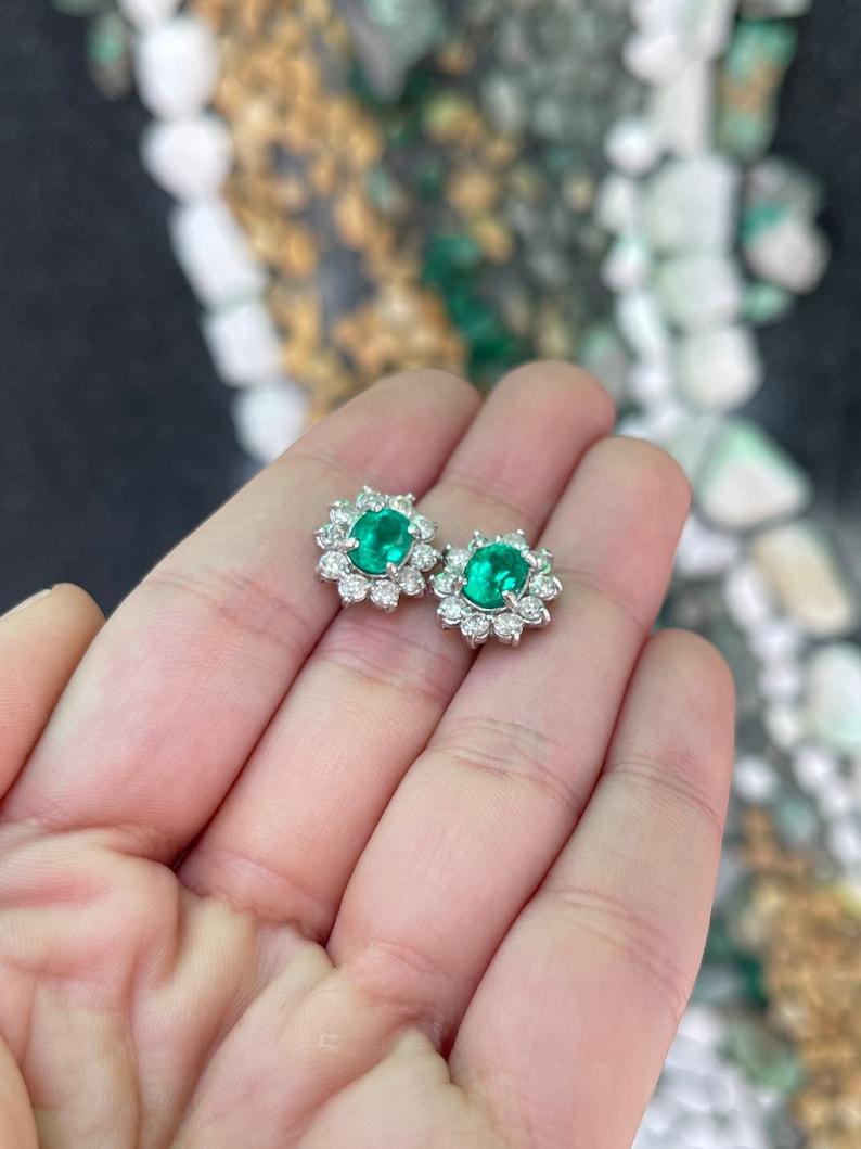 5.0tcw 14K Gold Vivid Rich Green Emerald Oval & Brilliant Round Diamond Halo Stud Earrings for Women - Perfect for Weddings, Parties & Special Occasions
