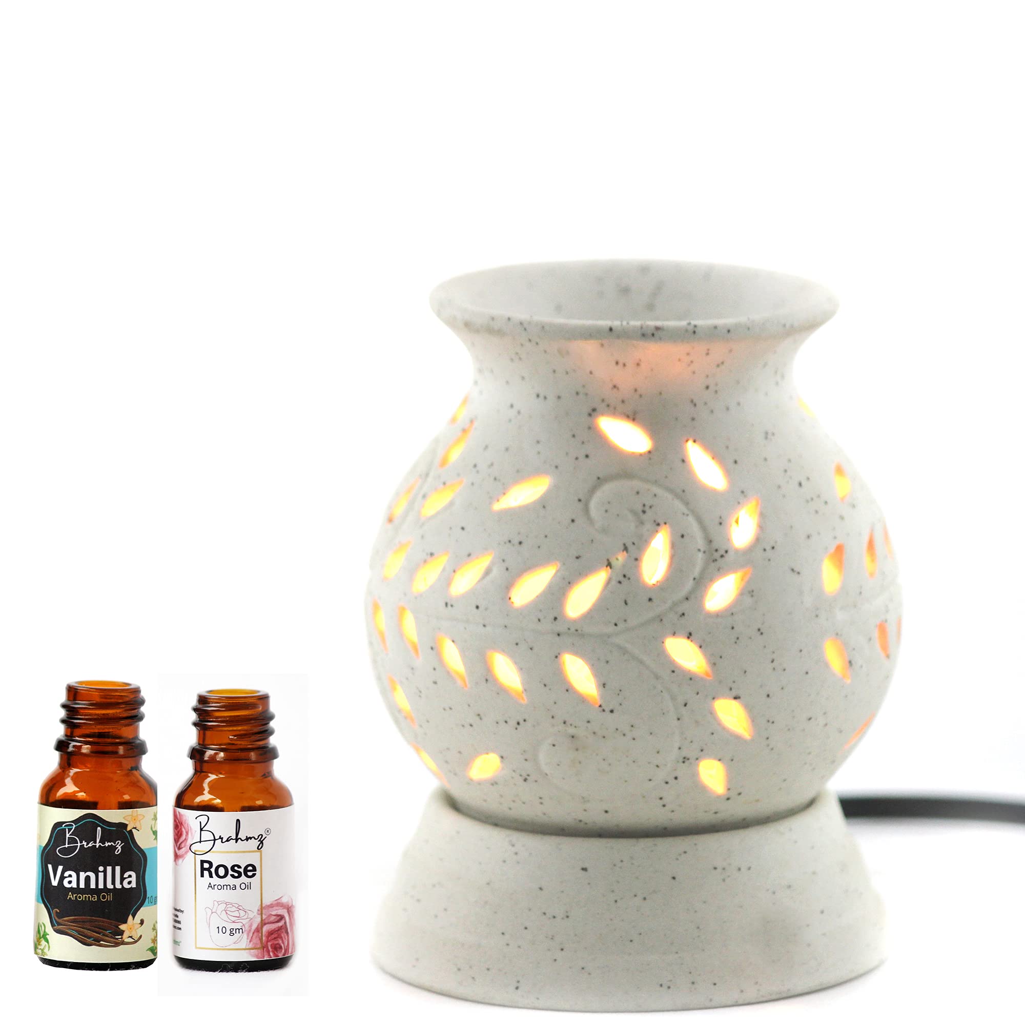 Brahmz Electric Aroma Oil Diffuser - Ancient Matki Shape with Bulb, Aroma Burner for Home & Office (White, Includes 10g Rose & Vanilla Fragrance Oil) | Perfect for Relaxation, Yoga, Meditation & Aromatherapy