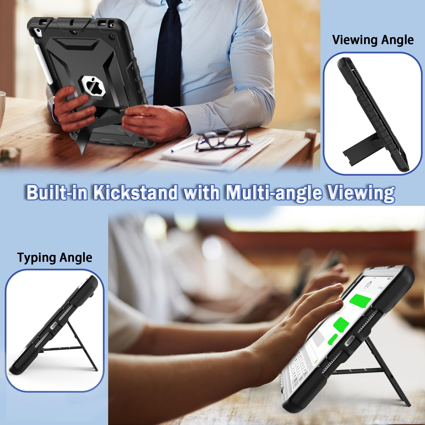 Shockproof iPad Case for iPad 6th/5th Gen (2018/2017), iPad Air 2/1st Gen & iPad Pro 9.7 - Heavy Duty Protective Cover with Shoulder Strap & Pencil Holder - Perfect for Travel, Work & School (Black)