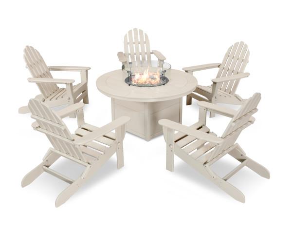 Polywood Classic Folding Adirondack 6-Piece Outdoor Patio Conversation Set with Fire Pit Table - Perfect for Backyard, Garden, and Poolside Relaxation