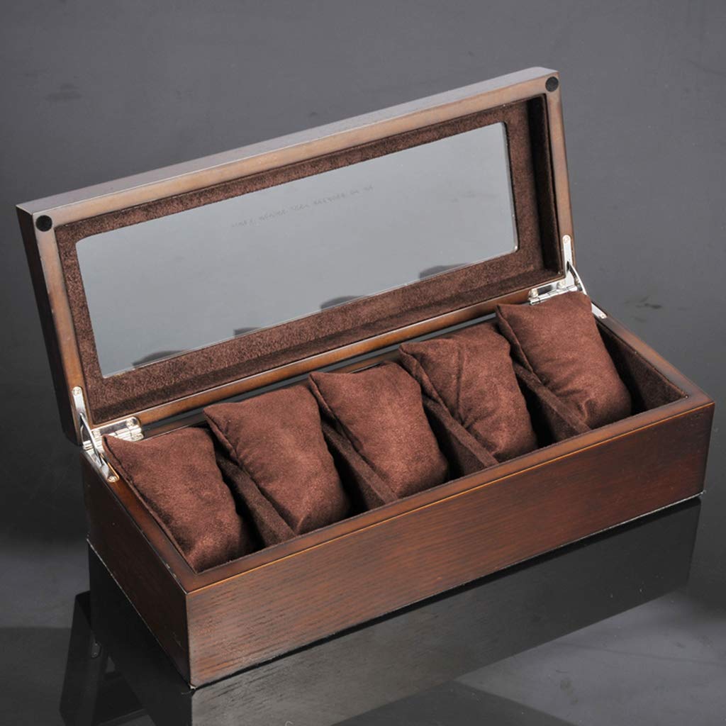 Premium Wooden Watch Box for Men - Luxury 5 Watch Storage Case with Glass Top & Removable Cushions, Jewelry Organizer Display (Brown) - Perfect for Watch Collectors, Gifts & Home Décor