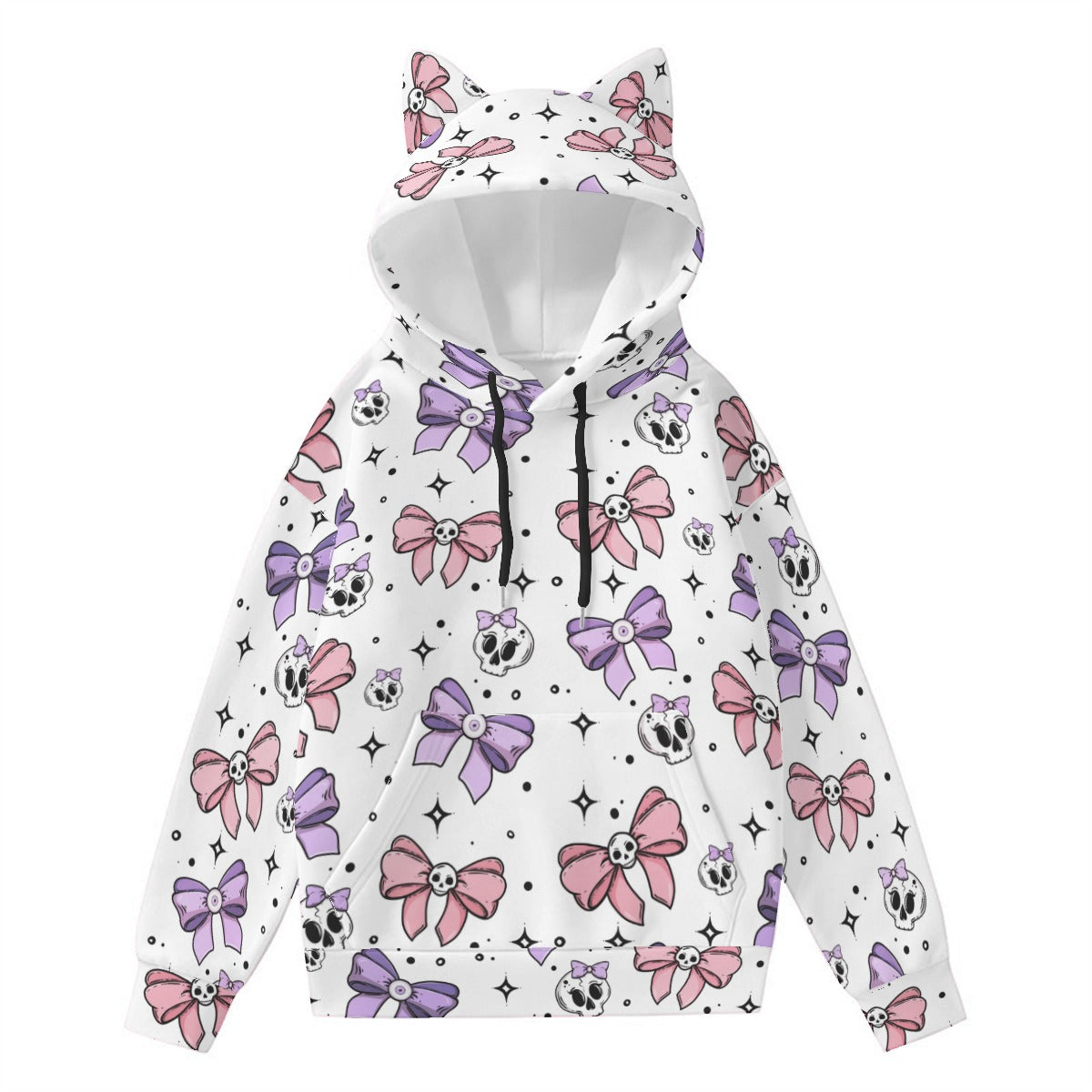 Stylish Cute Bows and Skulls Hoodie with Cat Ears - Trendy Gothic Kawaii Fashion for Women & Teens | Perfect for Halloween, Cosplay, and Streetwear Outfits