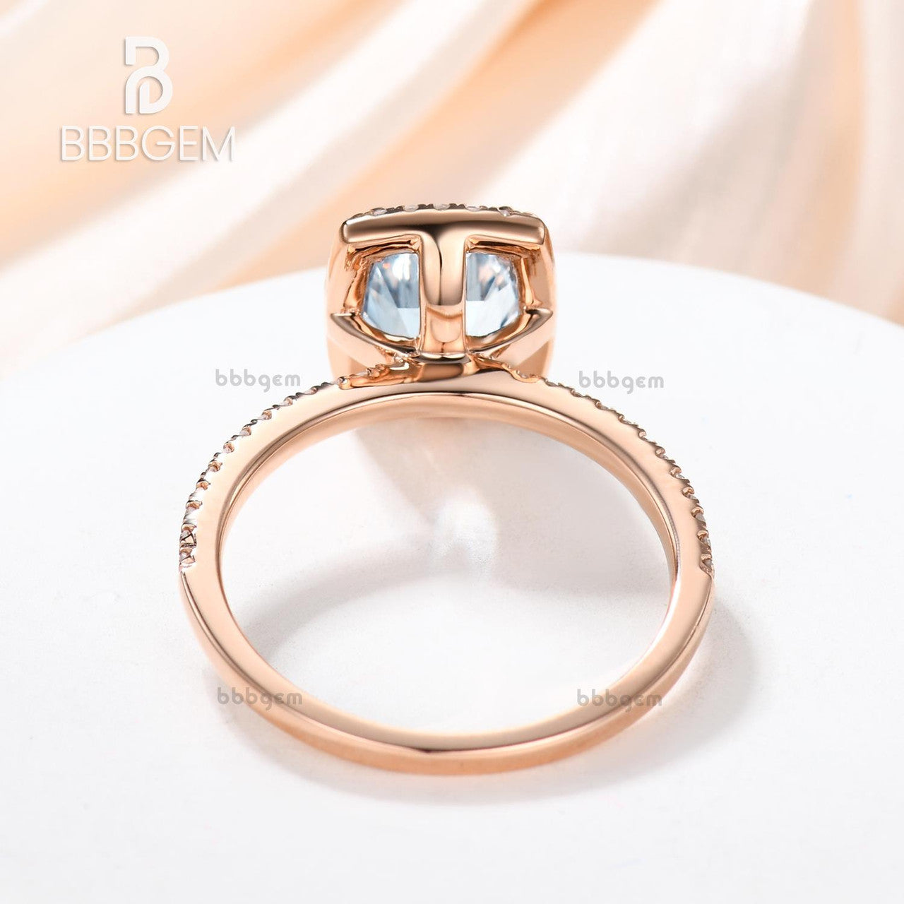 6x8mm Oval Aquamarine Engagement Ring - 14k Rose Gold Diamond Wedding Ring with Blue Gemstone Pave & Cushion Halo - Thin Elegant Design for Bridal, Anniversary & Proposal Gifts