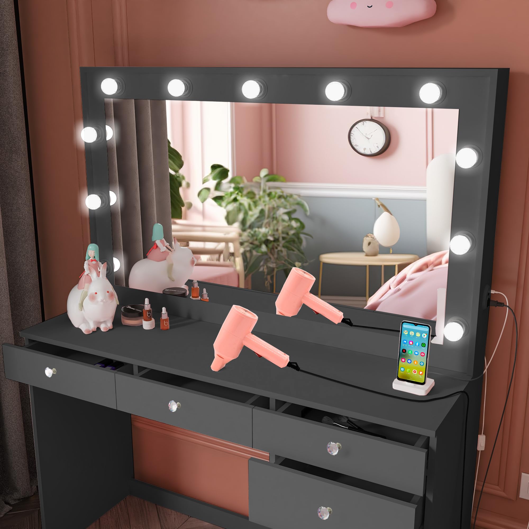 Boahaus Diana Large Makeup Vanity Desk with Hollywood Vanity Mirror & Built-in LED Lights - 7 Drawers, Spacious Top, Crystal Knobs - Black Dressing Table for Bedroom (58.2