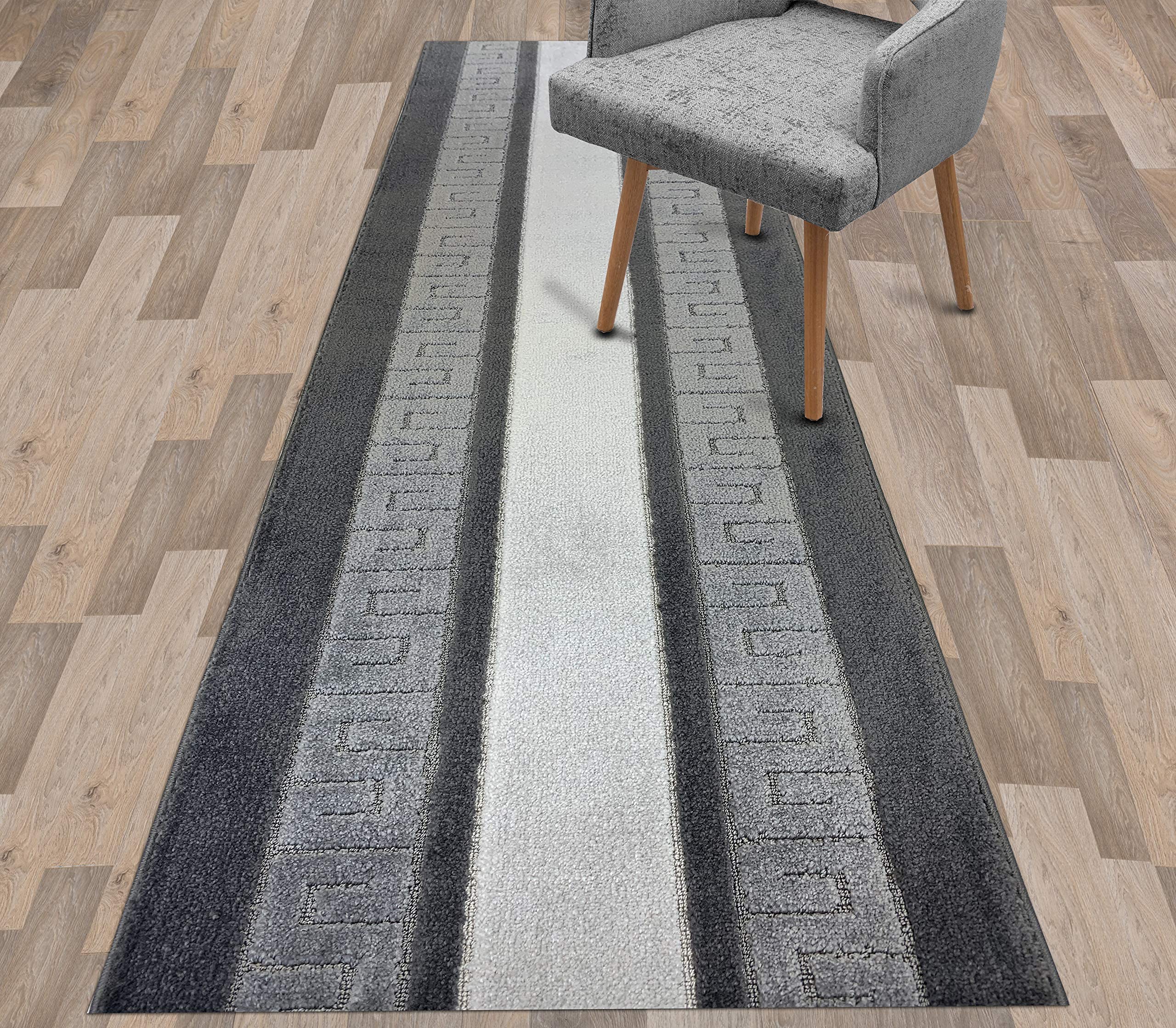 Custom Size Non-Slip Runner Rug for Hallway & Entryway - Rubber Backed Greek Key Grey Carpet (27