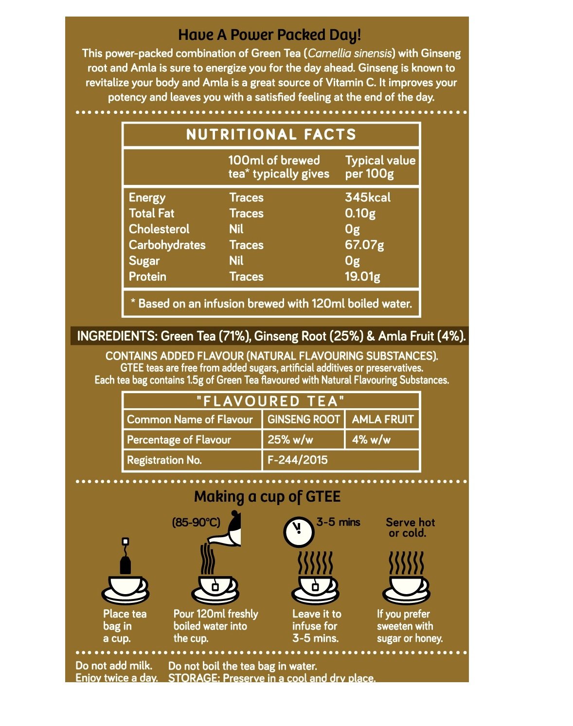 Premium GTEE Green Tea Bags with Ginseng - 25 Count | Antioxidant-Rich Herbal Tea for Energy & Wellness | Perfect for Morning Boost, Afternoon Relaxation & Office Hydration