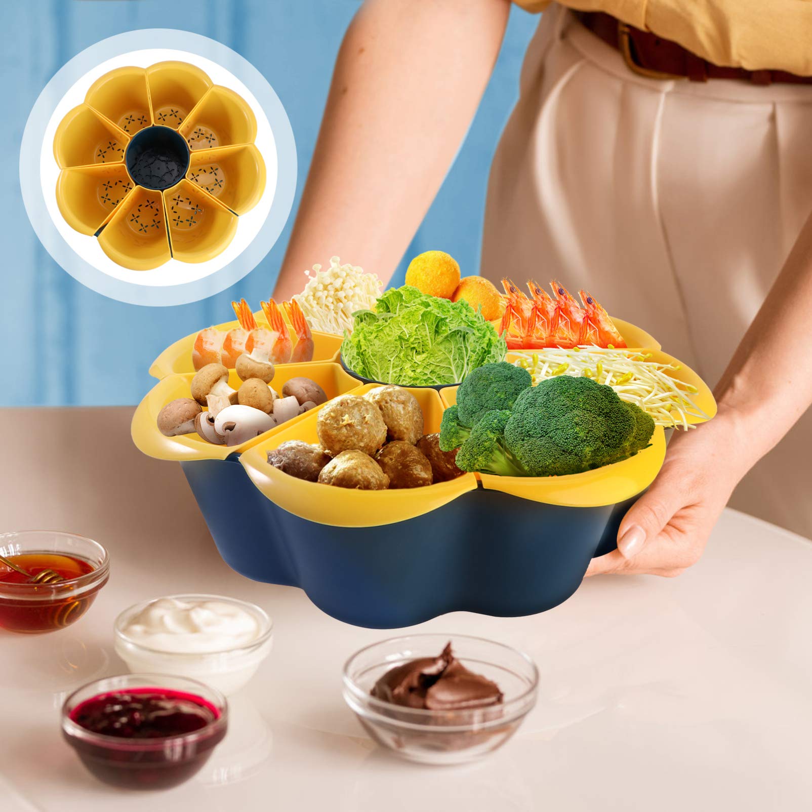 Cabilock 1-Piece Rotating Fruit Basket with Drain Holes - Detachable Compartmentalized Vegetable Platter for Kitchen Countertop | Perfect for Storing Fruits, Veggies & Snacks in Pantry or Dining Table