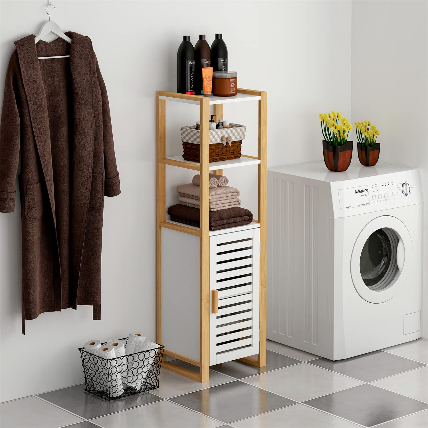 Floor Standing Bathroom Ladder Shelf with Bottom Cabinet - Home Storage Shelf Unit for Small Spaces, Living Room, Kitchen & Office - Beige Open Shelving Organizer (BR-3) | Perfect for Bathroom Storage, Pantry Organization & Home Decor