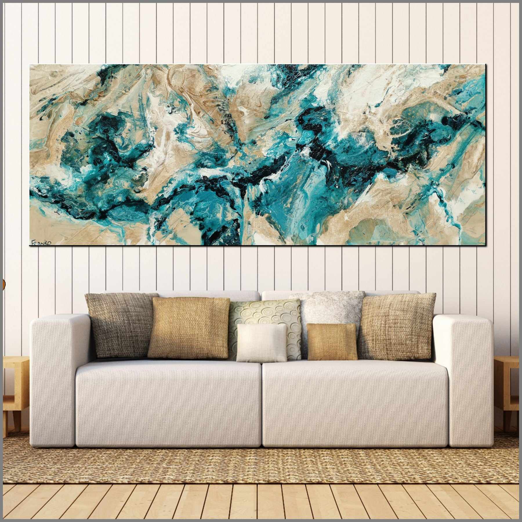 200cm x 80cm Teal Cream Textured Abstract Canvas Painting - Modern Honey & Southern Atmosphere Inspired Wall Art for Living Room, Bedroom, or Office Decor