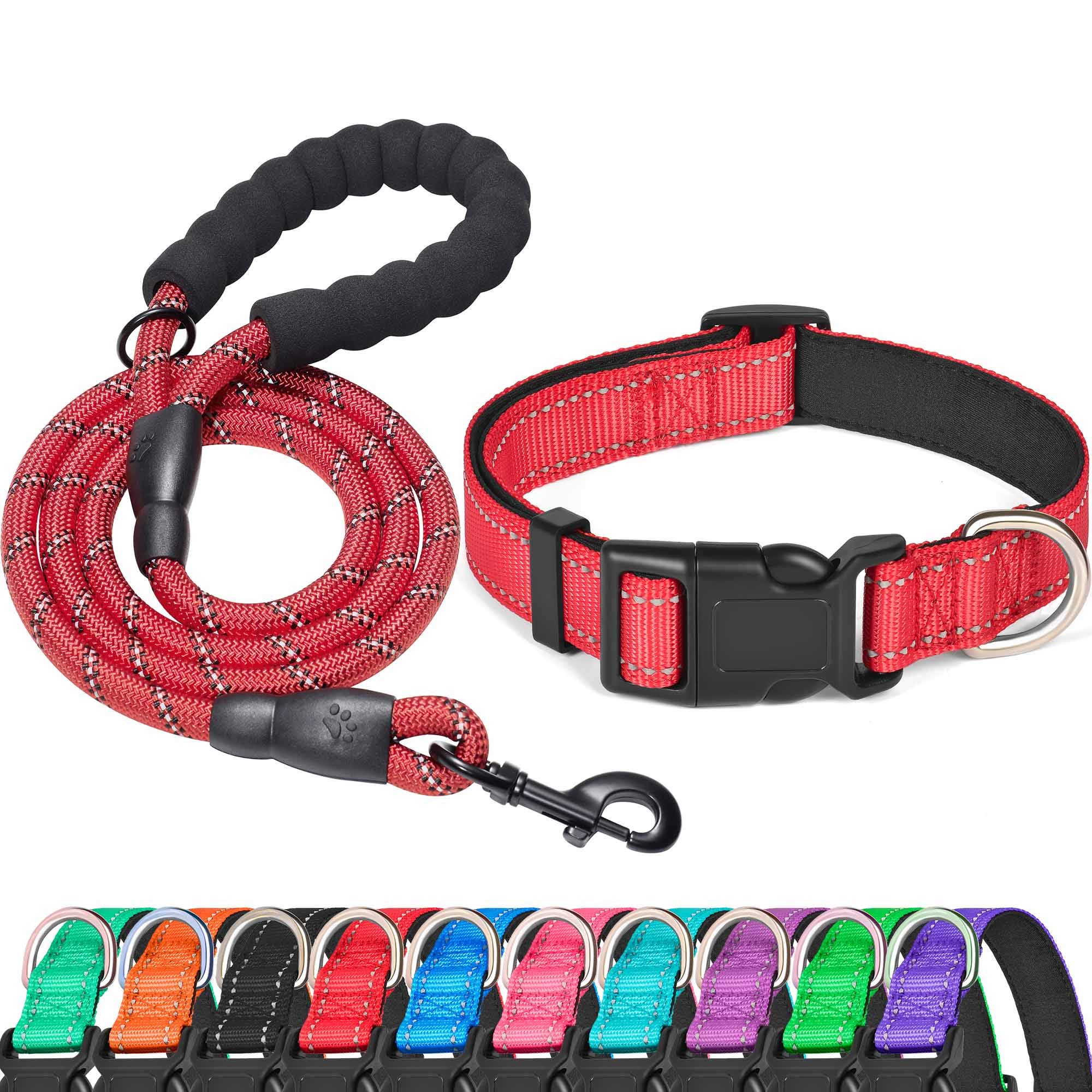 **Reflective Dog Collar with Soft Neoprene Padding - Breathable & Adjustable Nylon Collar for Small, Medium, Large Dogs - Small (Pack of 1) Red Collar + Leash - Perfect for Night Walks & Outdoor Safety**