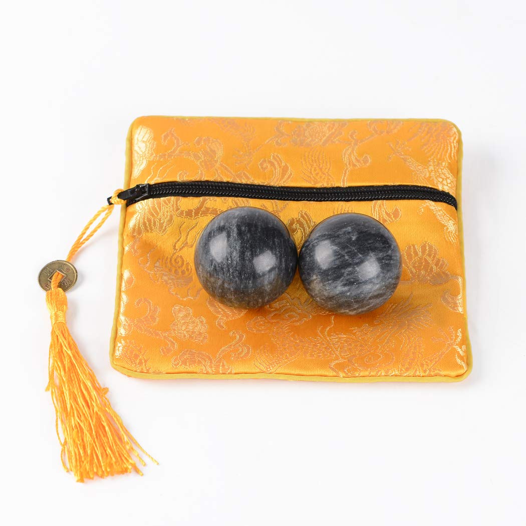 BRABUD 1.4 Inch Dark Grey Marble Chinese Baoding Balls - Hand Exercise Stress Relief Balls for Meditation, Therapy & Relaxation - Traditional Health Massage Balls (Set of 2, Bag-Packed) - Perfect for Office, Home & Travel Use