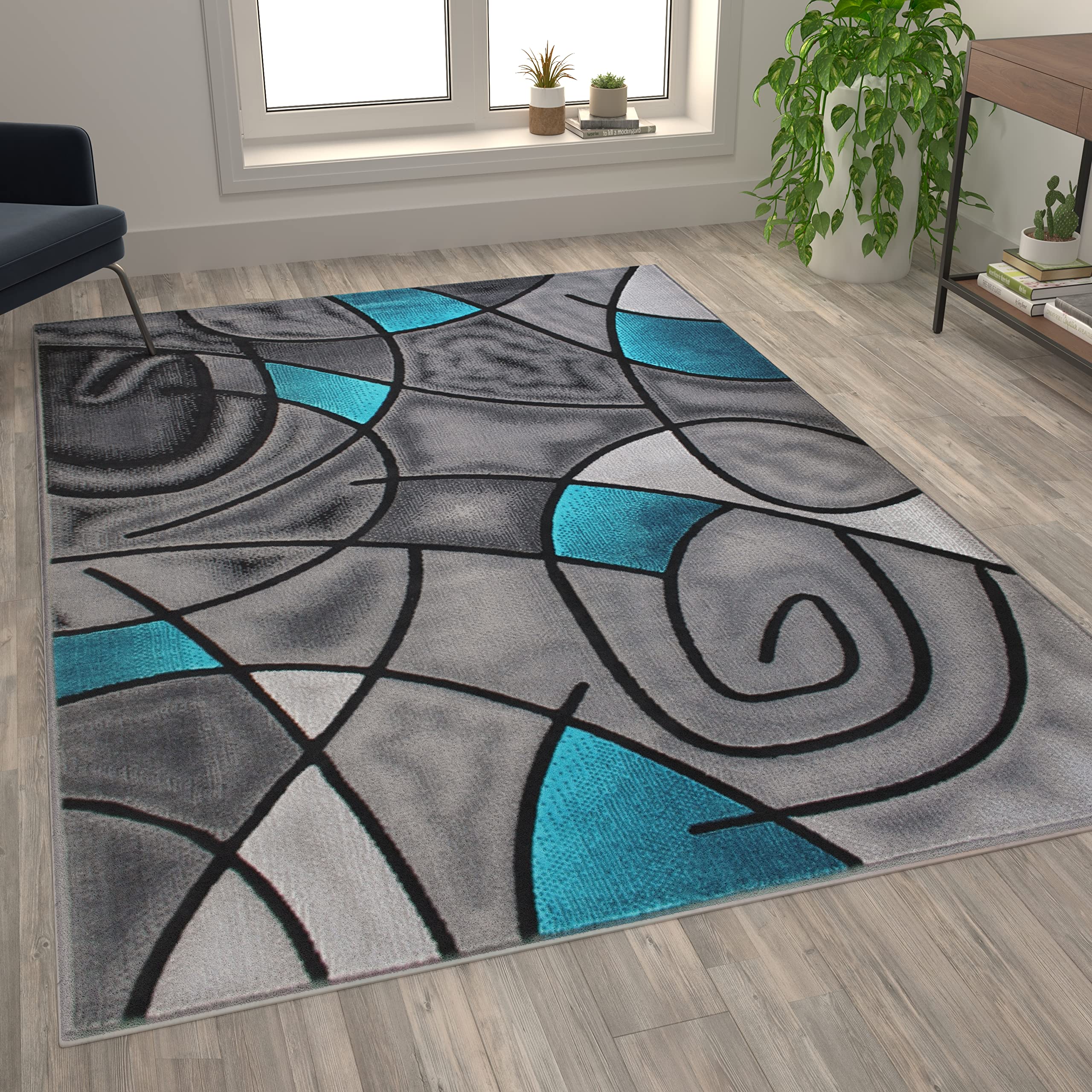 Flash Furniture Jubilee Collection Abstract Area Rug - Colorfast Turquoise Olefin Rug 6x9 Feet - Non-Slip Jute Backing for Living Room, Bedroom & Family Room - Modern Home Decor for Cozy Spaces