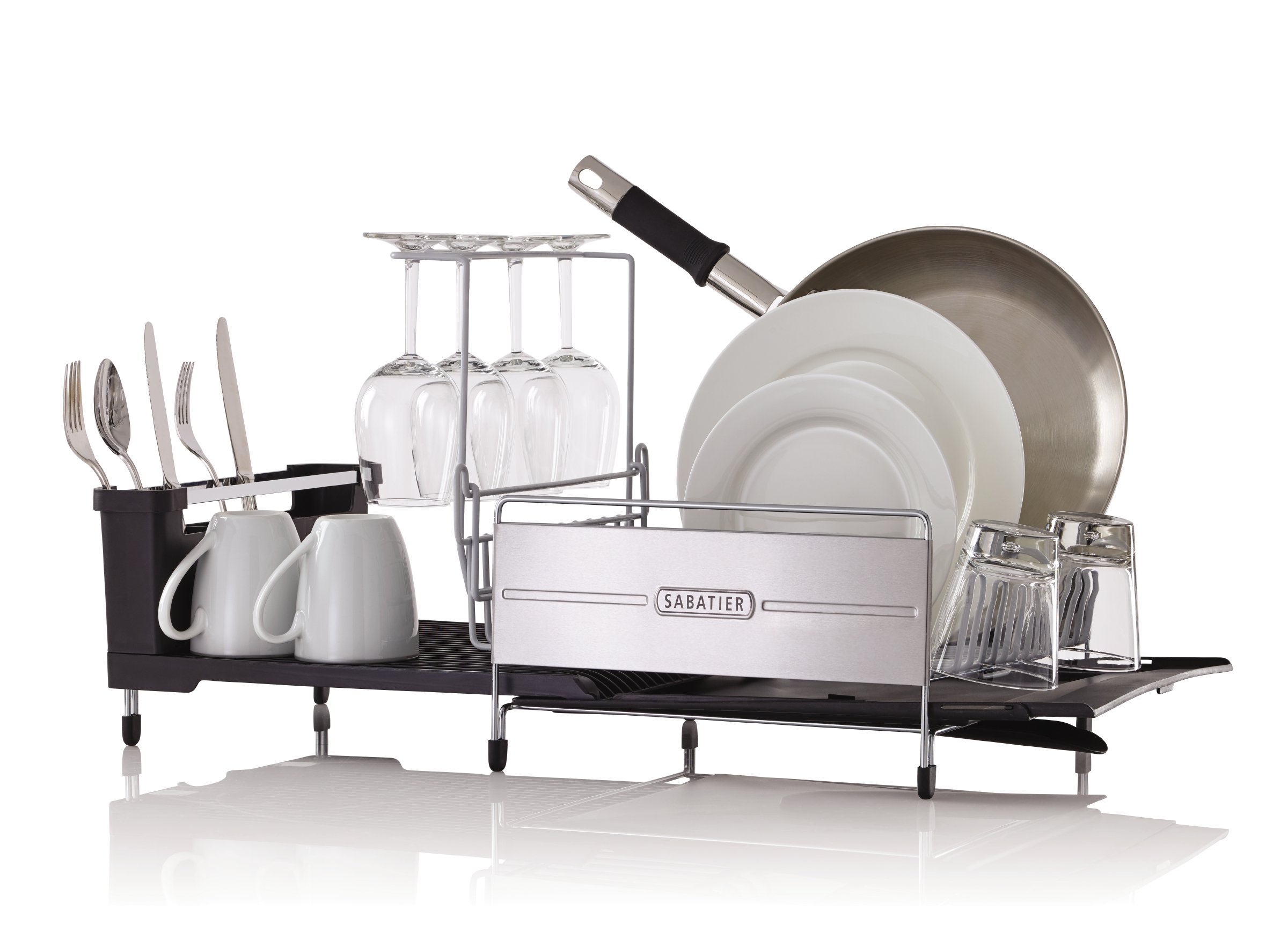 Sabatier Expandable Stainless Steel Dish Rack - Rust-Resistant Soft Coated Wires, Bi-Directional Spout, Utensil Caddy & Removable Stemware Holder - Perfect for Kitchen Countertop, Sink Side & Small Space Organization