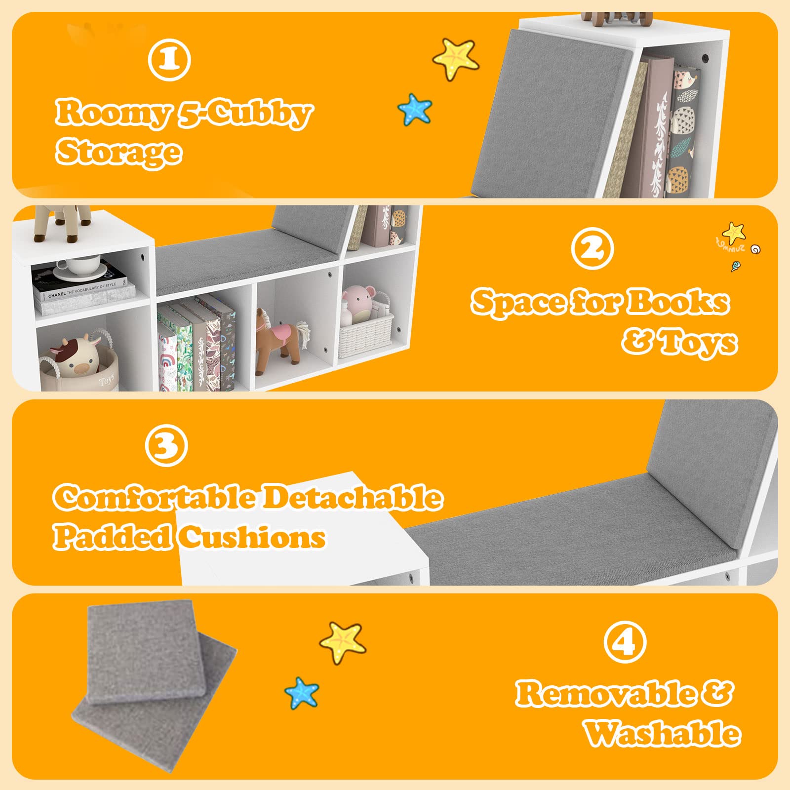 Kids Reading Nook with Bench & Toy Storage - 6-Cubby Bookcase with Seat Cushion for Toddlers | Children's Bookshelf Organizer for Bedroom, Playroom, Classroom & Nursery | Perfect for Storytime, Learning & Play Spaces