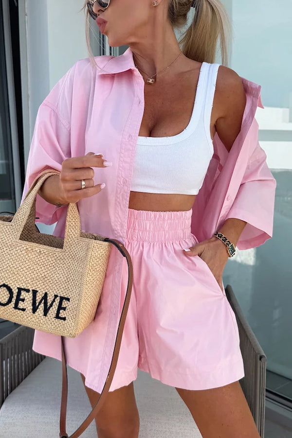 Women's Summer Casual Loose Short Sleeve Shirt & Elastic High Waist Shorts Set - Comfortable Outfit for Beach Vacation, Streetwear and Daily Wear