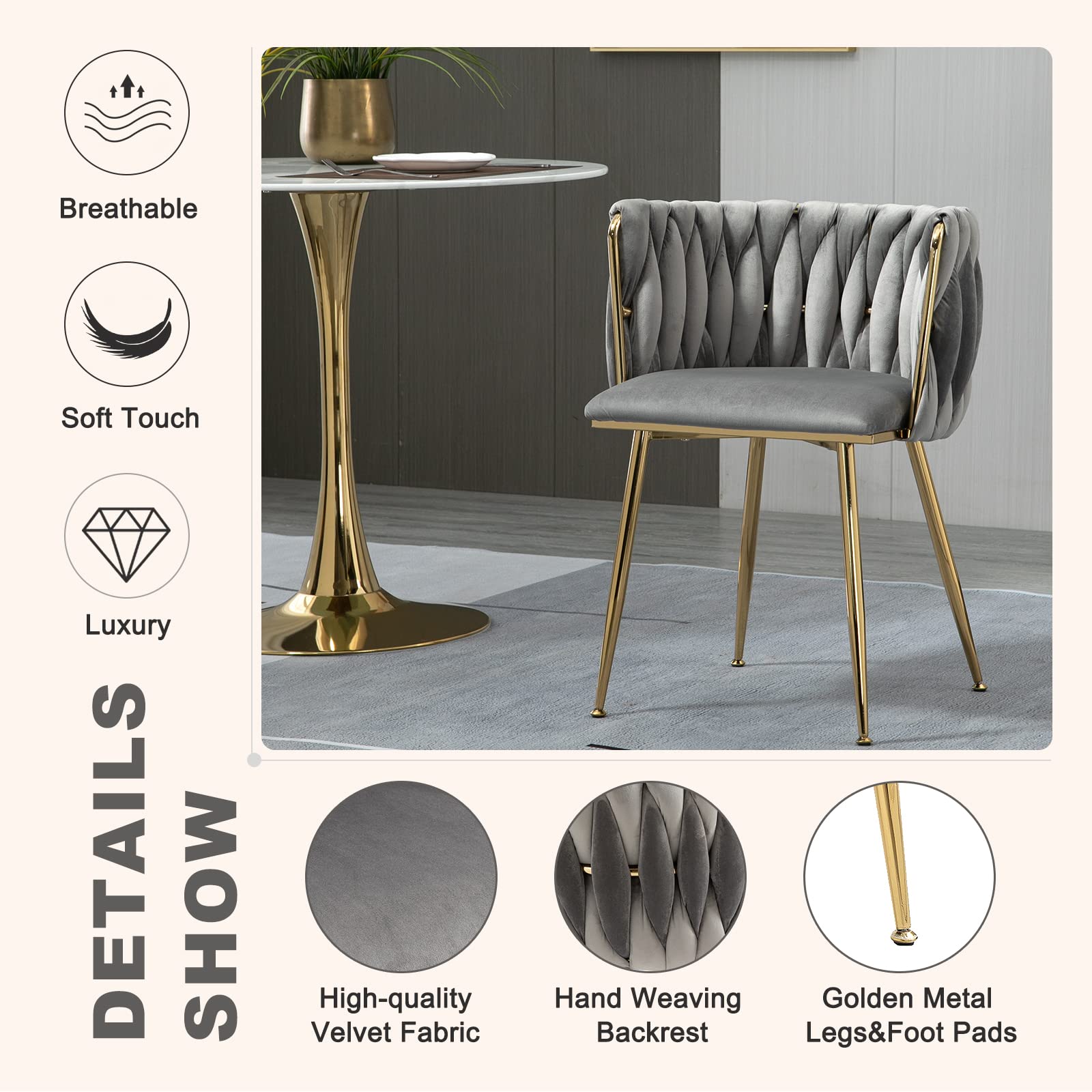 Modern Velvet Dining Chairs Set of 2 - Hand Woven Upholstered Accent Chairs with Golden Metal Legs for Living Room, Kitchen, Dining Room & Vanity - Grey Velvet Side Chairs for Home Decor & Entertaining