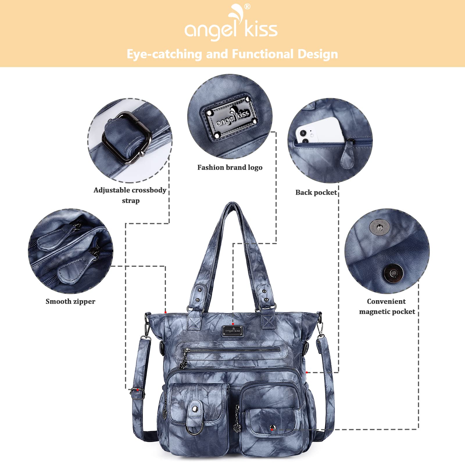Angelkiss Women's PU Tote Shoulder Bag with Pockets - Perfect for Work & Travel