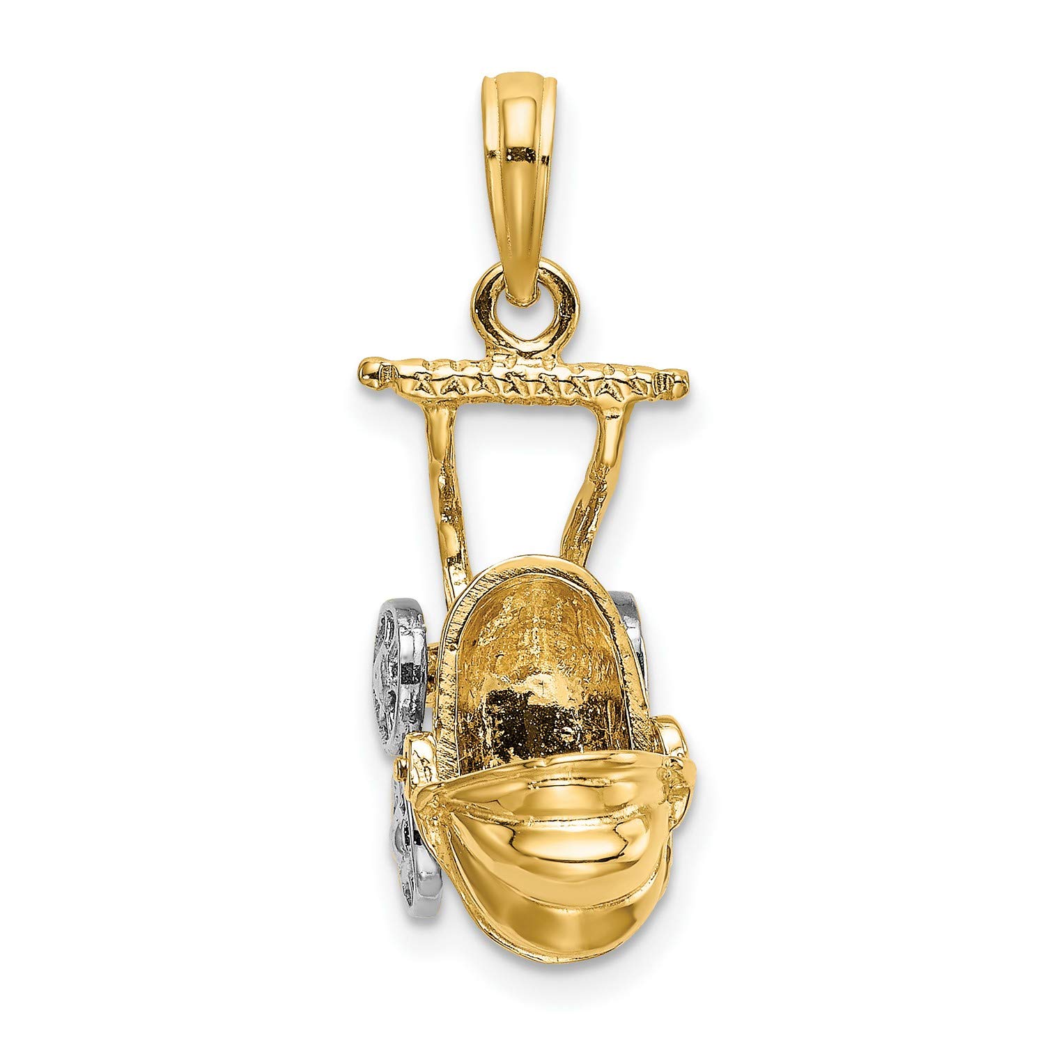 14k Yellow Two-Tone Gold 3D Baby Stroller Charm with Moveable Wheels - 17mm x 9mm - Perfect for Baby Shower Gifts, Jewelry Making & Keepsake Charms