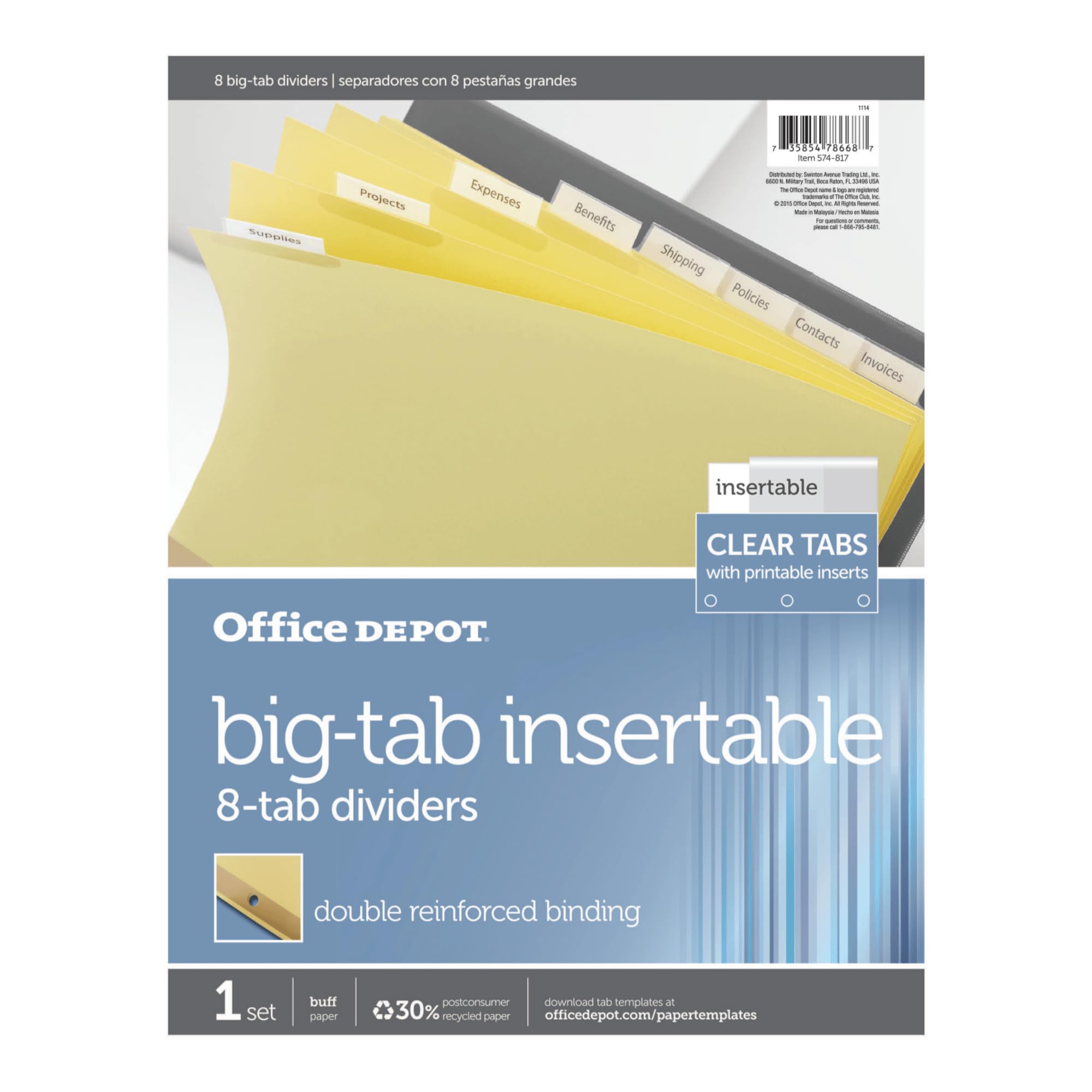Office Depot Insertable Dividers - 8-Tab Buff with Clear Tabs for File Organization