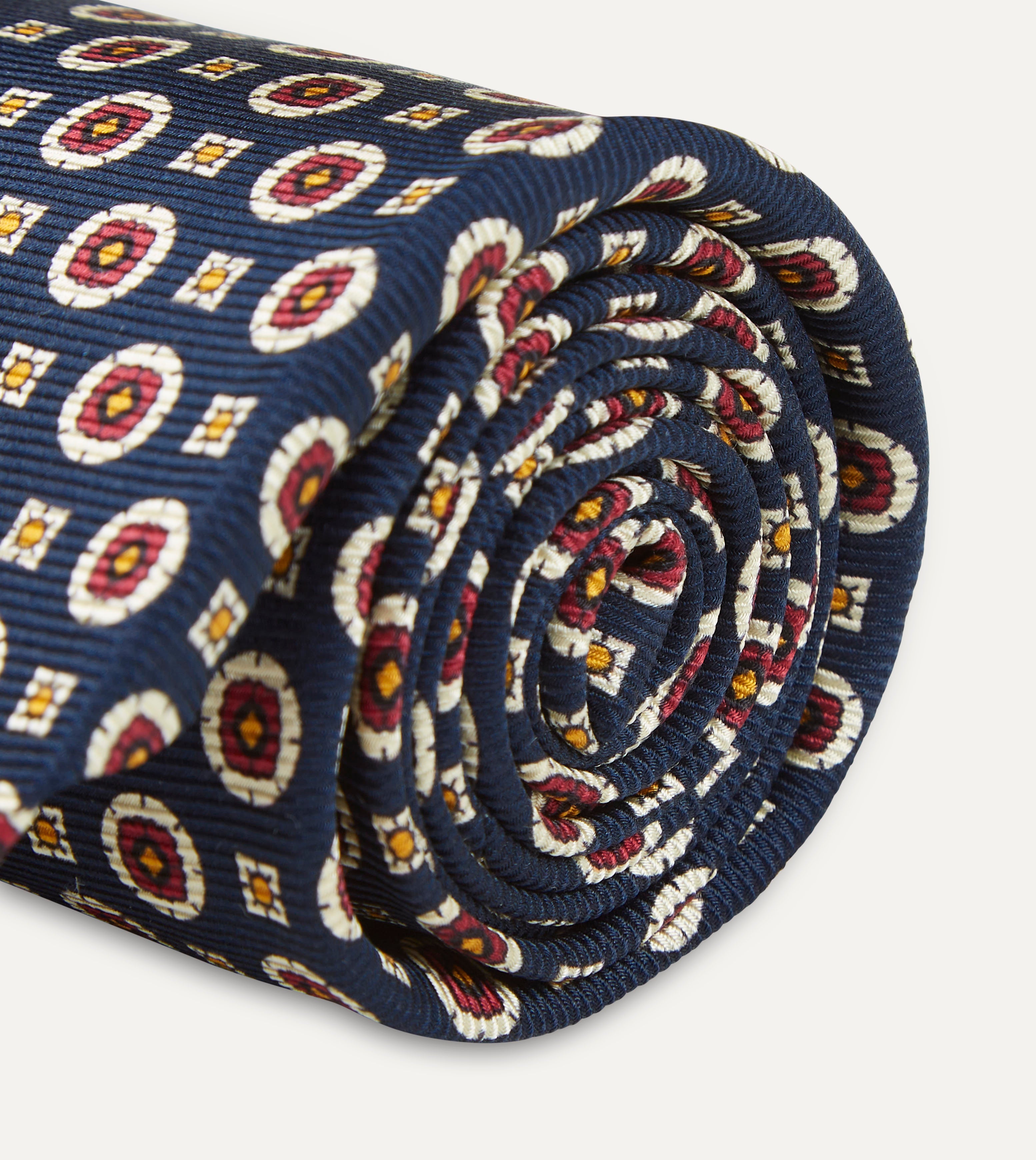 Navy and Red Geometric Medallion Print Silk Foulard Tie for Men - Elegant Necktie for Business, Weddings & Formal Occasions