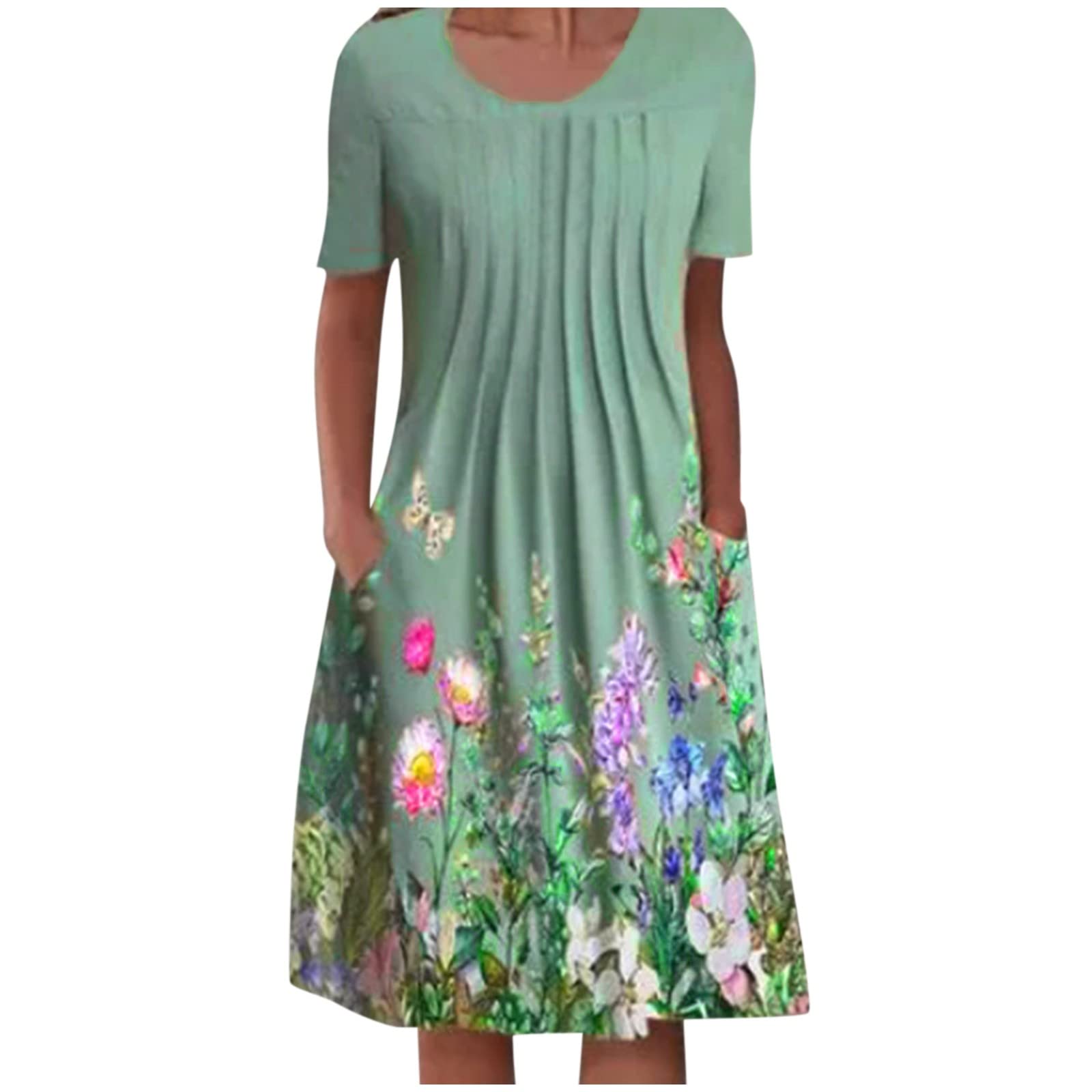 Women's Floral Midi Shift Dress with O-Neck & Short Sleeves - Casual Summer Dress with Side Pockets & Thigh Split - Perfect for Beach Vacations, Date Nights & Office Wear