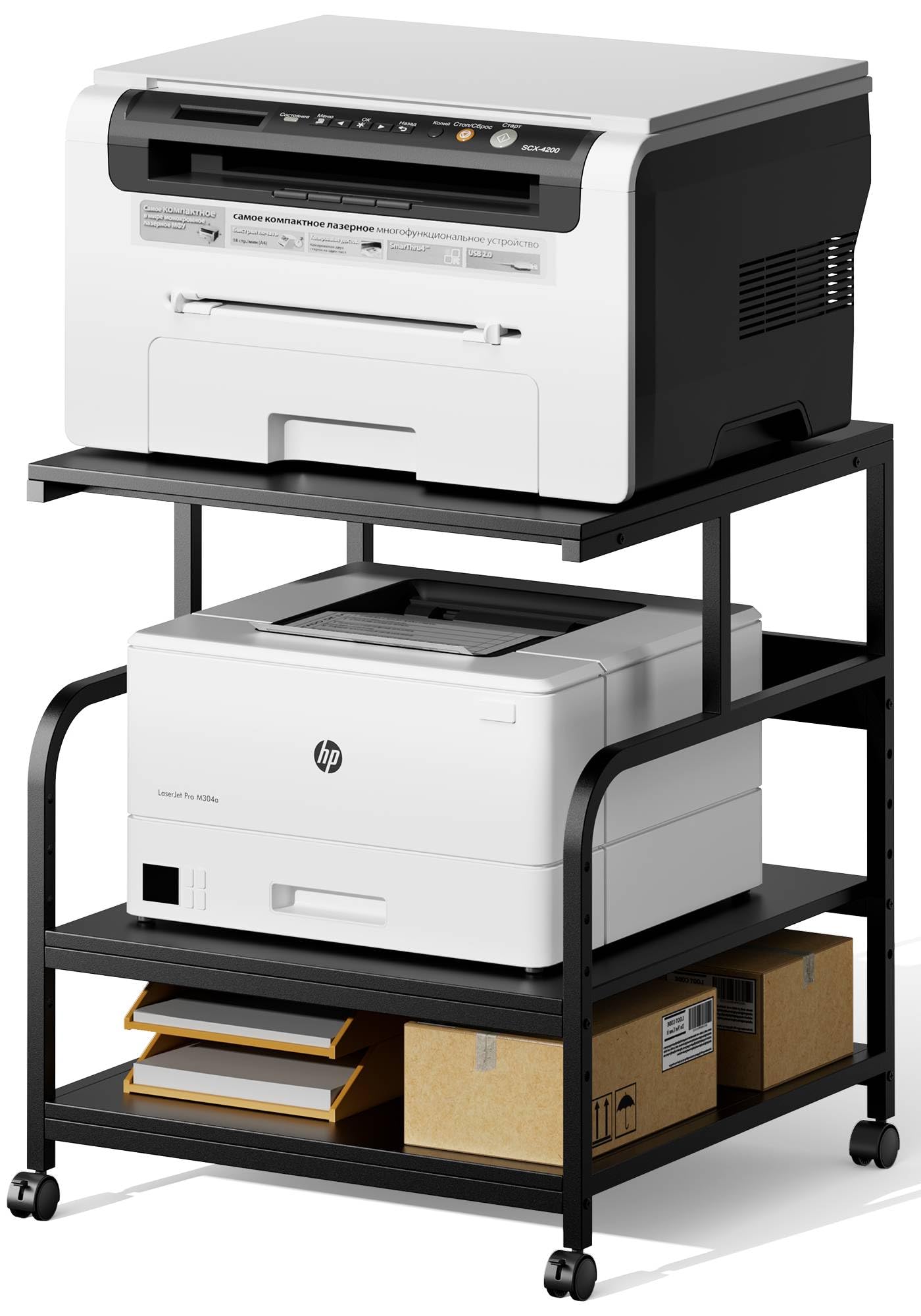 Warmiehomy 24x24 Inches Adjustable Printer Stand with Wheels - 3 Tier Rolling Storage Cart for 3D Printer, Laser Printer, Mini Fridge - Sturdy Home Office Desk Organizer (Black) | Perfect for Small Spaces & Workspace Organization