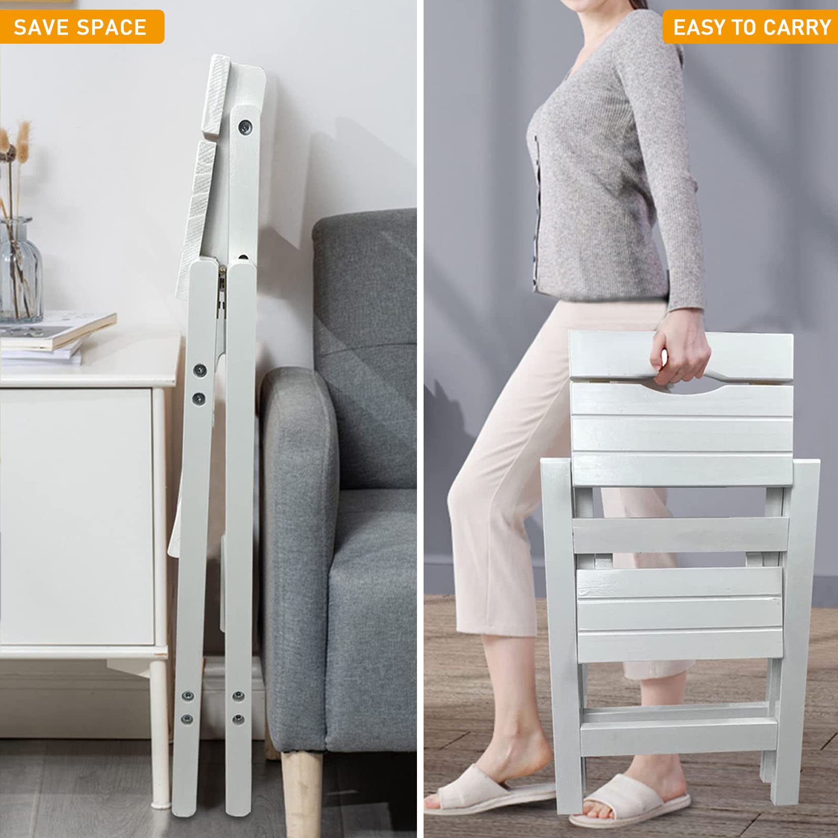 2-Step Folding Wooden Step Stool with Wide Anti-Slip Pedal - Kitchen, Library & Home Use - White